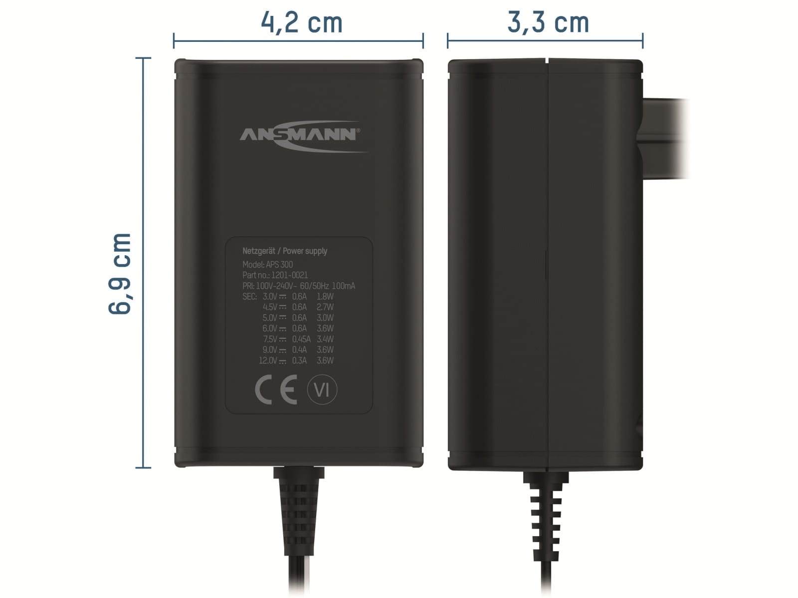 ANSMANN Universal-Netzteil APS 300, 3,6W, Ladestrom max. 0,6A, 3-12V-