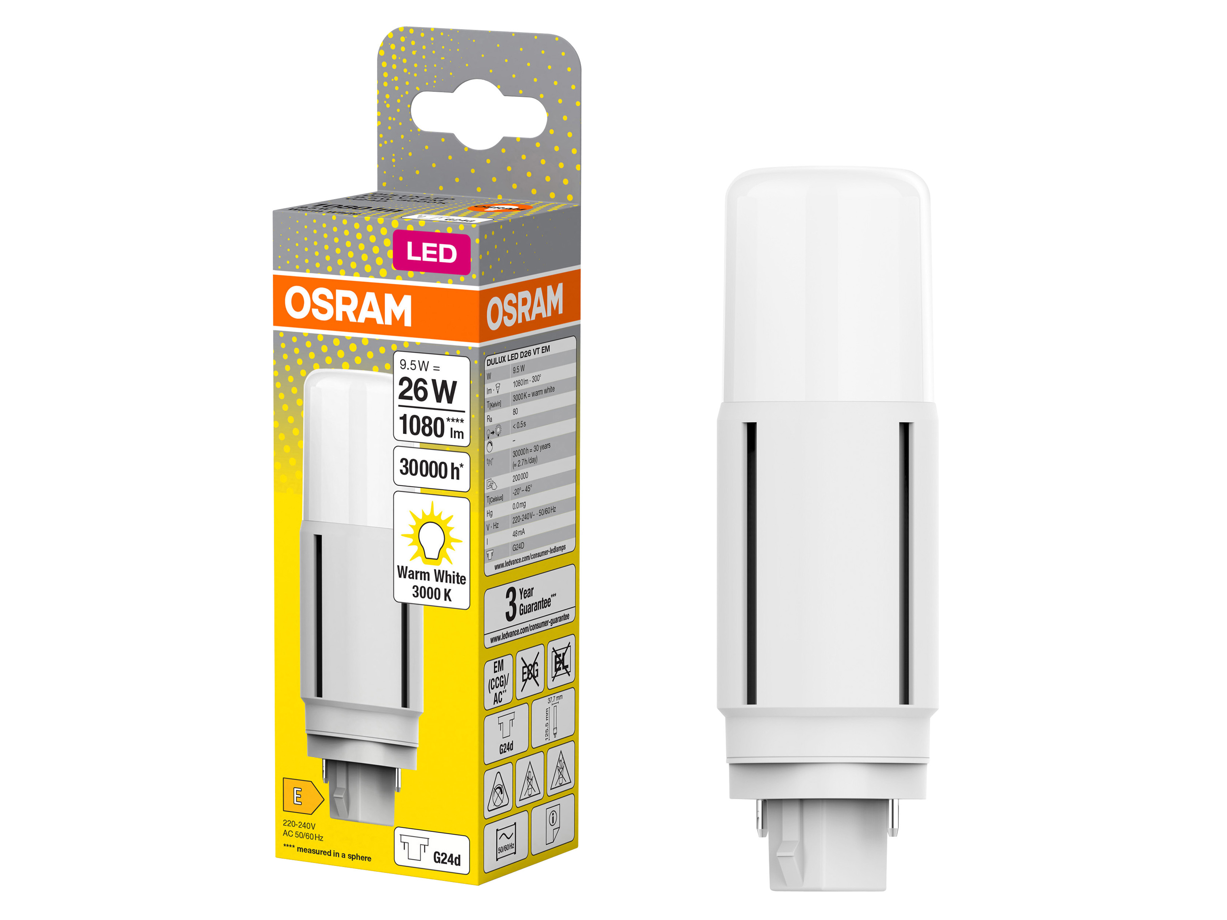 OSRAM LED-Lampe, Dulux D26, G24d, EEK: E, 9,5W, 1080lm, 3000K OSRAM LED-Lampe, Dulux D26, G24d, EEK: E, 9,5W, 1080lm, 3000K
