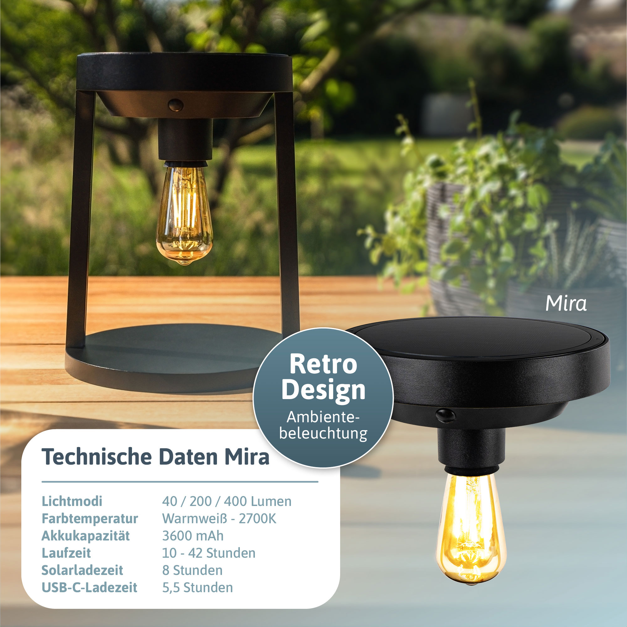 BRENDZ Solar LED-Tischleuchte, Mira & Lynx, 40/200/400 lm, 2700 K, IP54