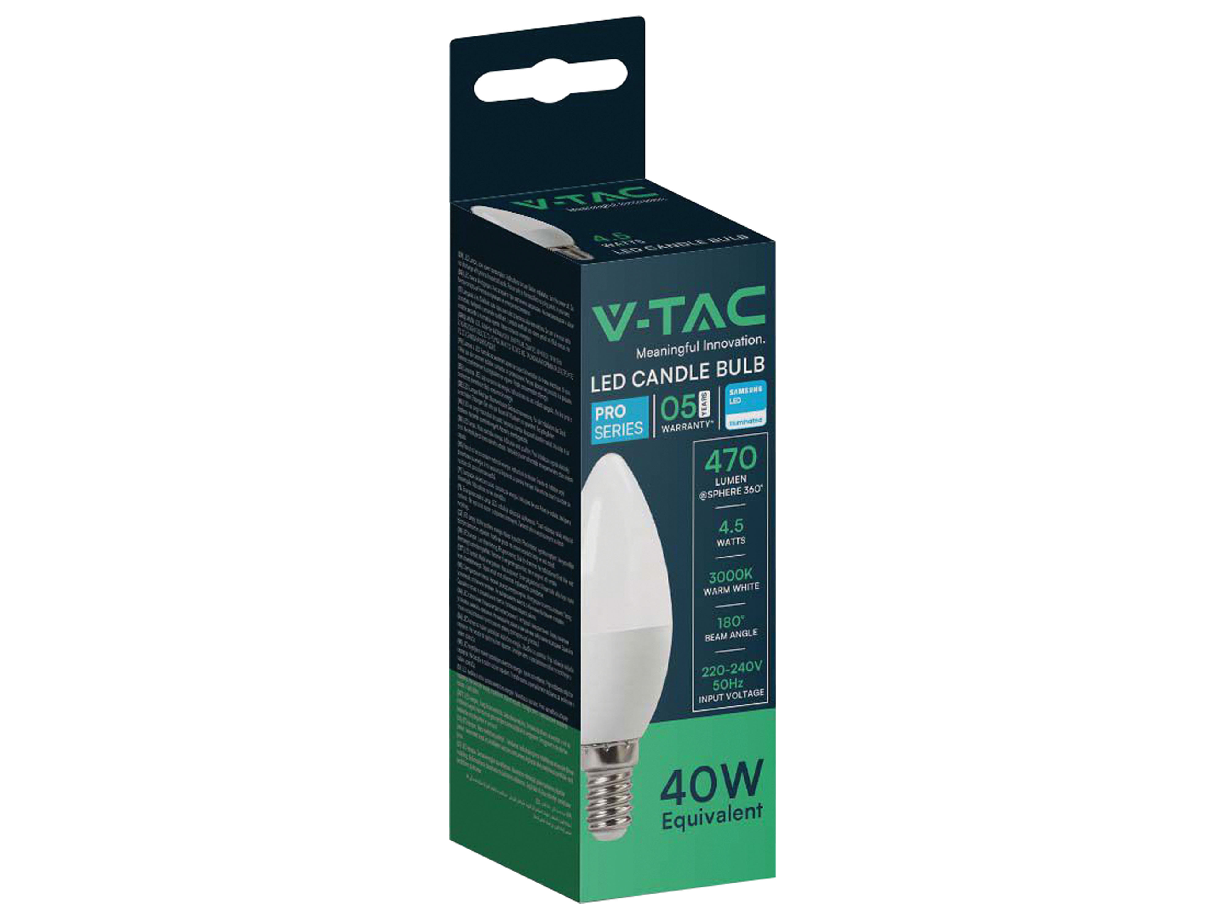 V-TAC LED-Lampe, Kerze, E14, EEK: F, 5W, 470lm, 3000K