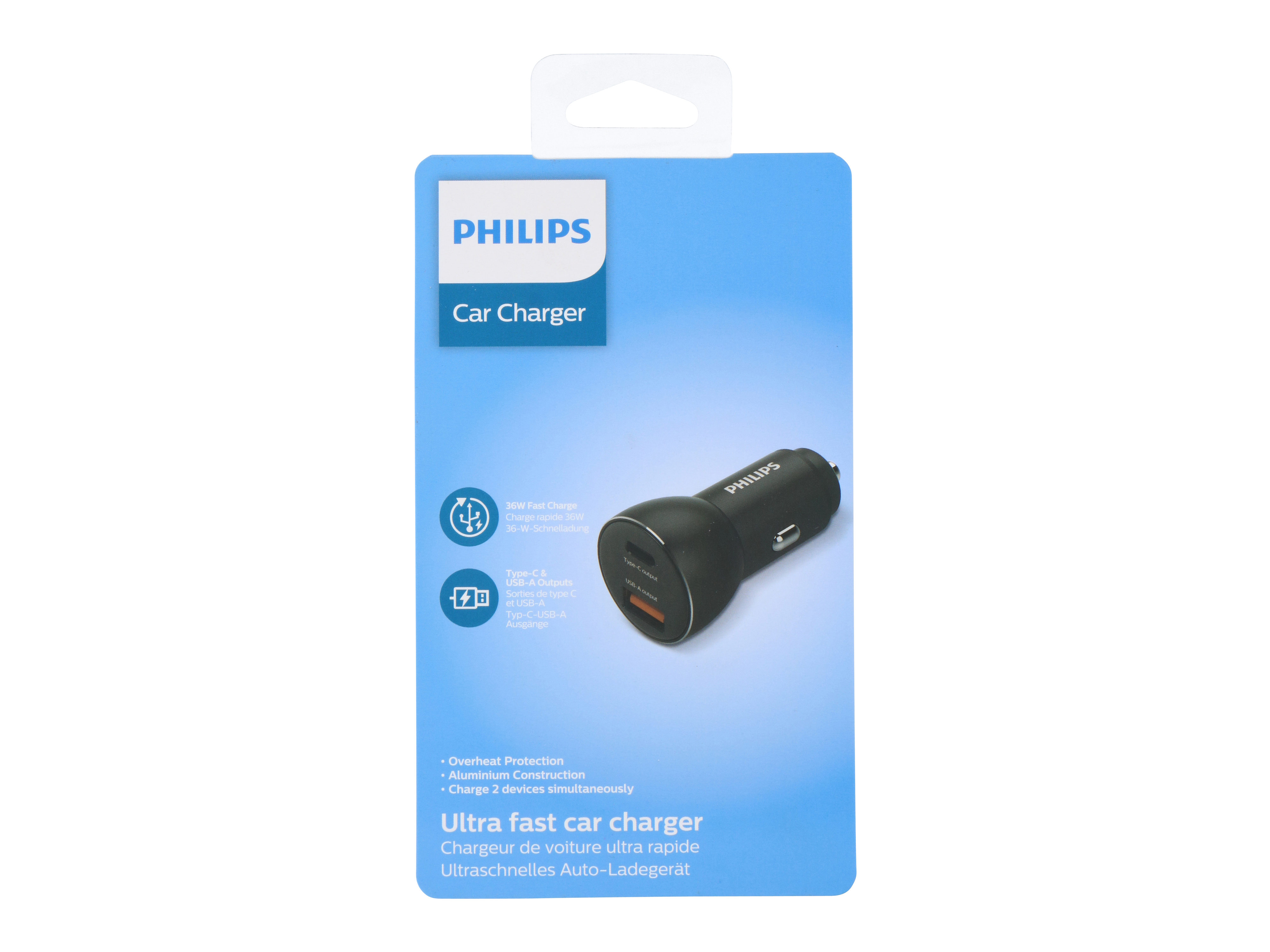 PHILIPS Dual KFZ USB-Lader, 12/24V, 1A, 36W, USB-A, USB-C, schwarz
