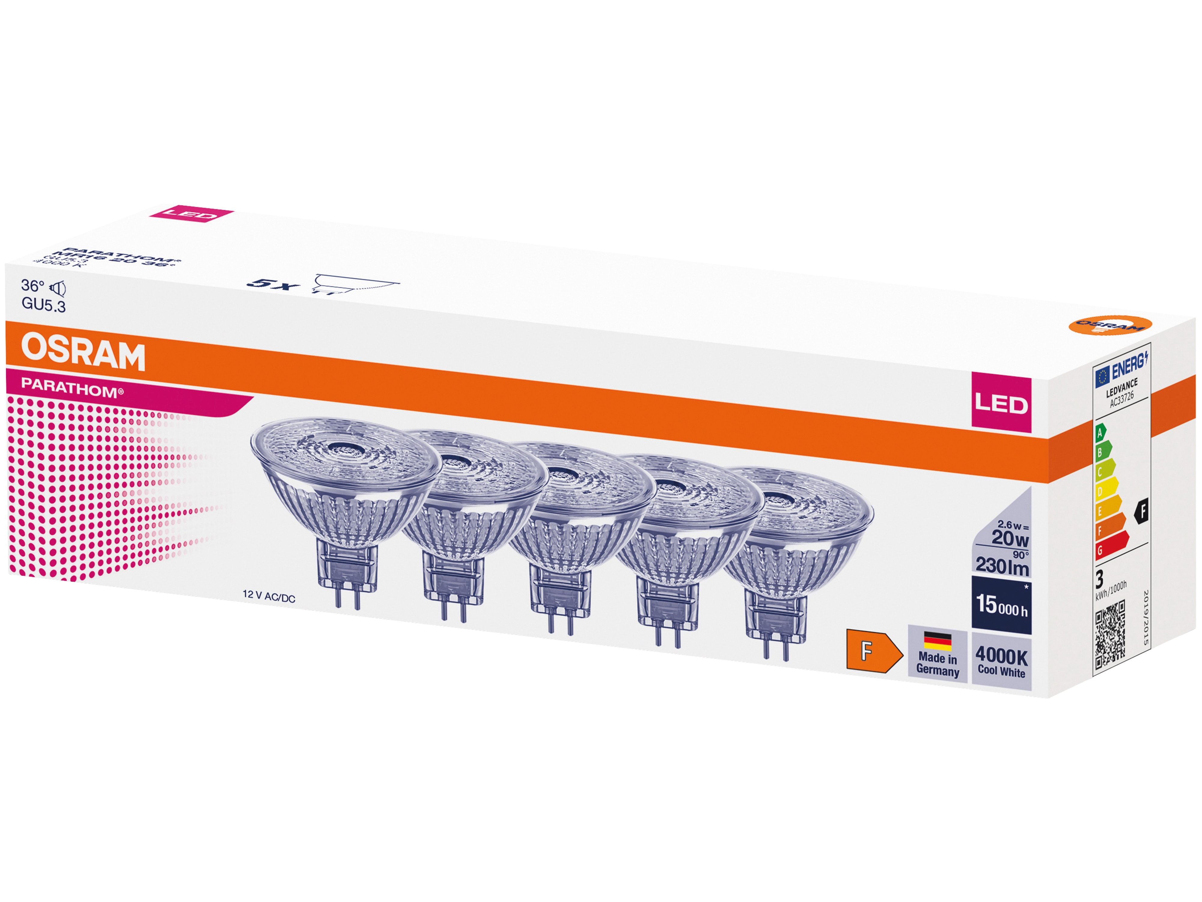 OSRAM LED-Reflektorlampe PARATHOM DIM, MR16, GU5.3, EEK: F, 2,6 W, 230 lm, 4000 K, 5 Stück OSRAM LED-Reflektorlampe PARATHOM DIM, MR16, GU5.3, EEK: F, 2,6 W, 230 lm, 4000 K, 5 Stück