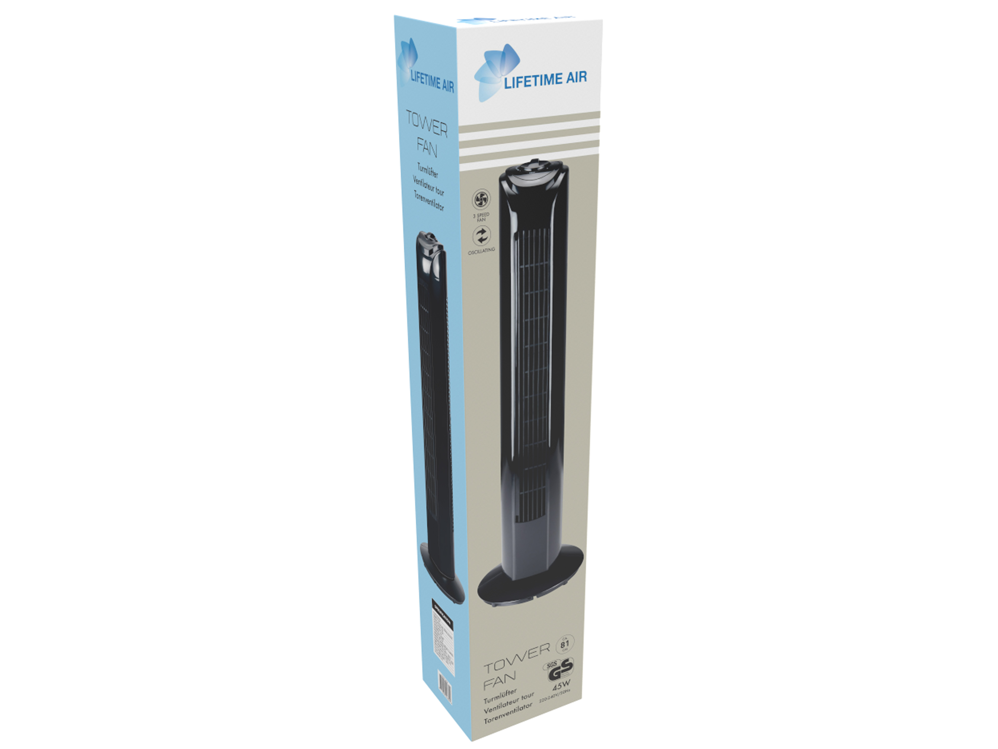 LIFETIME AIR Turmventilator, 81cm, 3 Geschwindigkeiten, 45W, schwarz