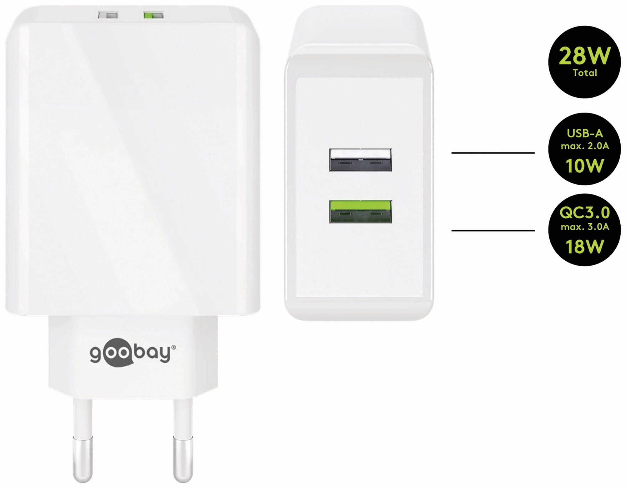 GOOBAY USB/QC-Lader 44957, 2-fach, 2+3 A, 28 W, weiß GOOBAY USB/QC-Lader 44957, 2-fach, 2+3 A, 28 W, weiß