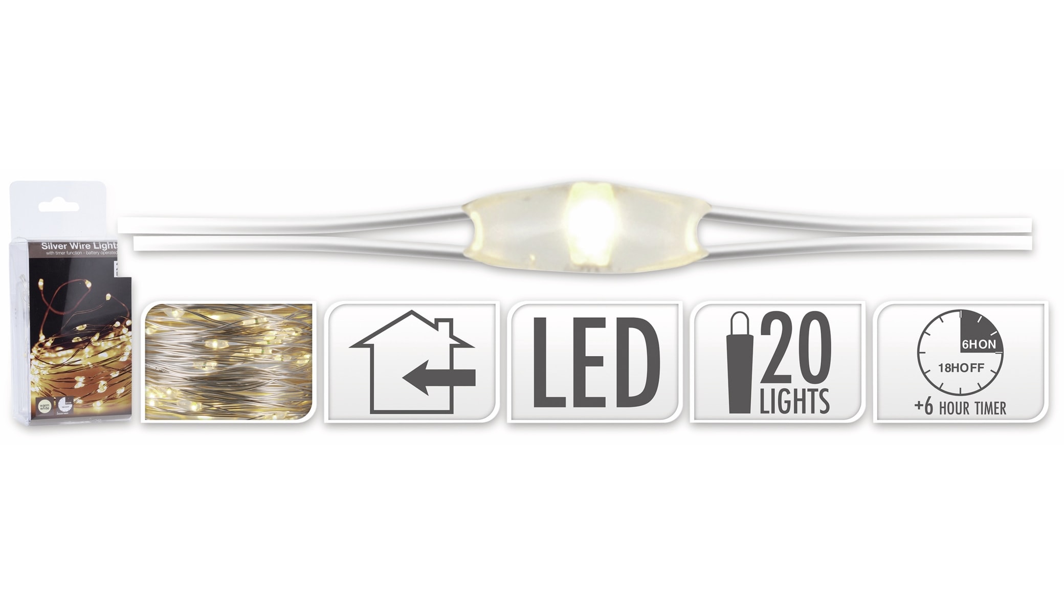 LED-Lichterkette, Silberdraht, 20 LEDs, warmweiß, Batteriebetrieb, Timer LED-Lichterkette, Silberdraht, 20 LEDs, warmweiß, Batteriebetrieb, Timer