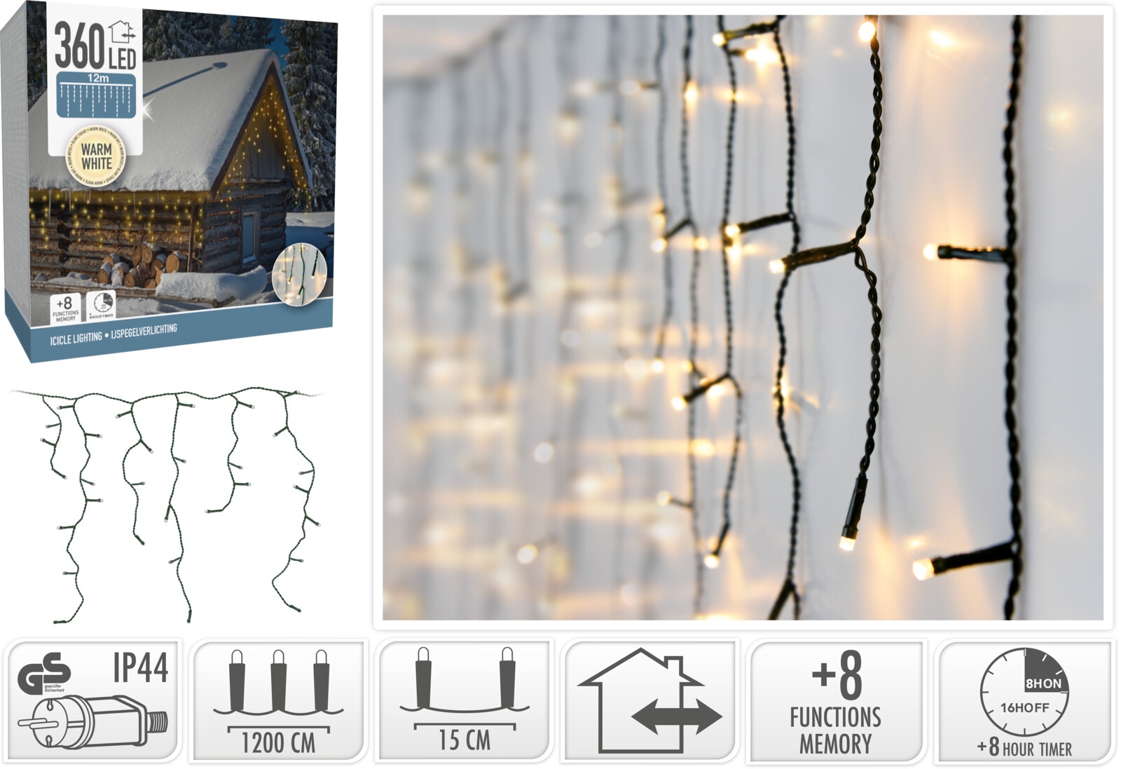 KOOPMAN LED-Lichtervorhang warmweiß, 360 LEDs, Grünes Kabel, Innen/Außen, 15m