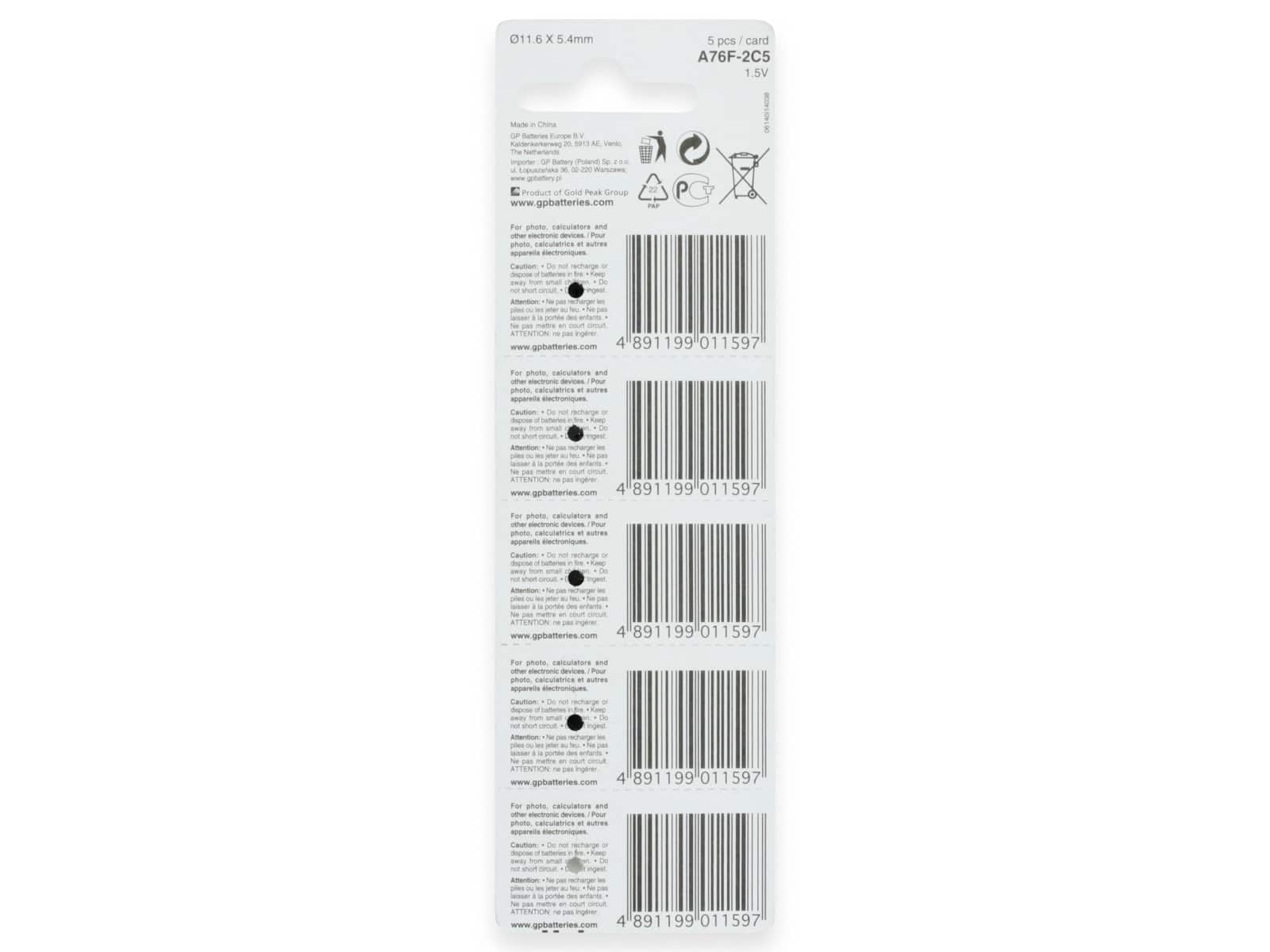 GP Knopfzelle LR44, Alkaline, 1,5 V-, 5 Stück GP Knopfzelle LR44, Alkaline, 1,5 V-, 5 Stück