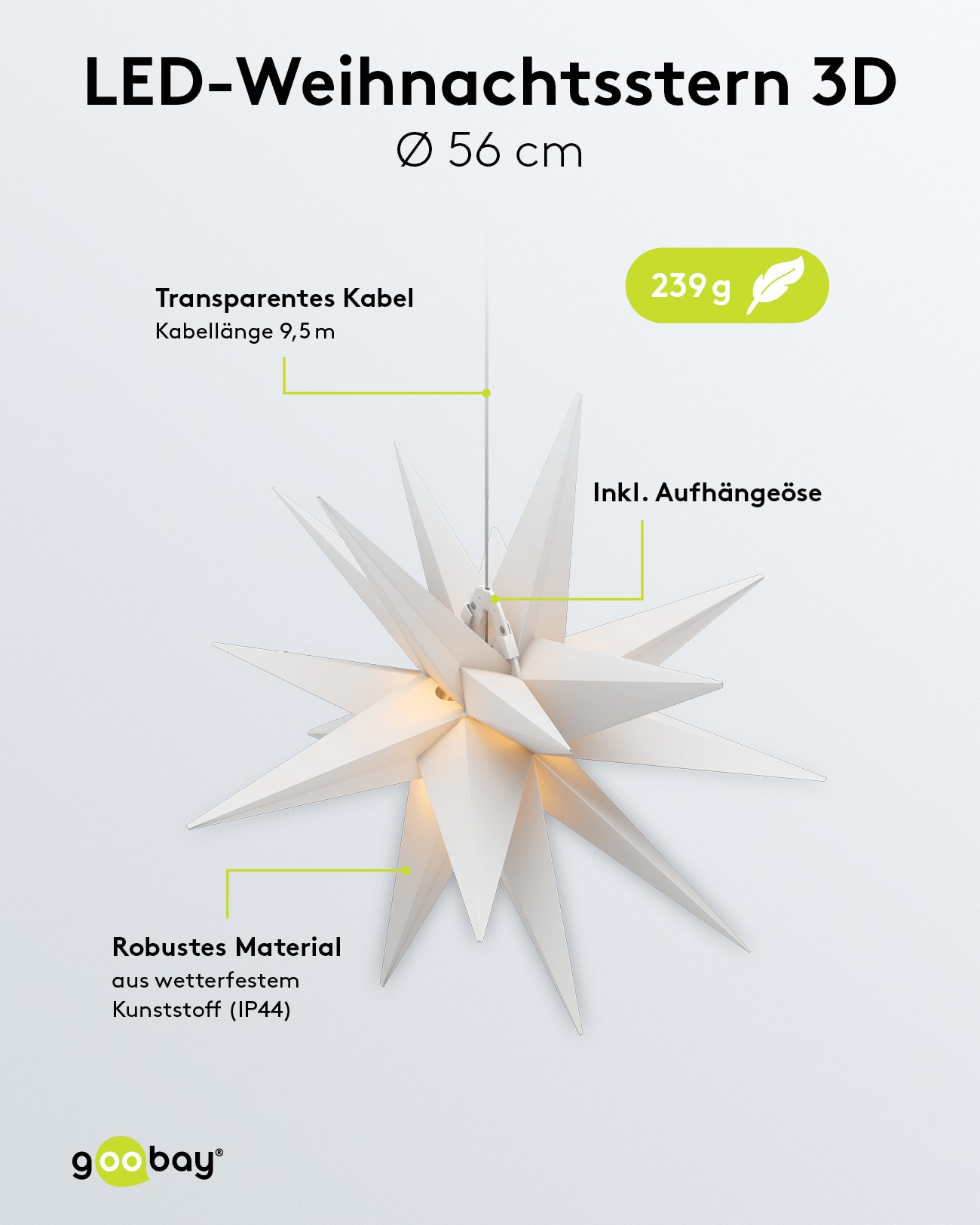 GOOBAY LED-Stern, 18 Zacken, 56cm, Outdoor, Timerfunktion, mit Netzteil