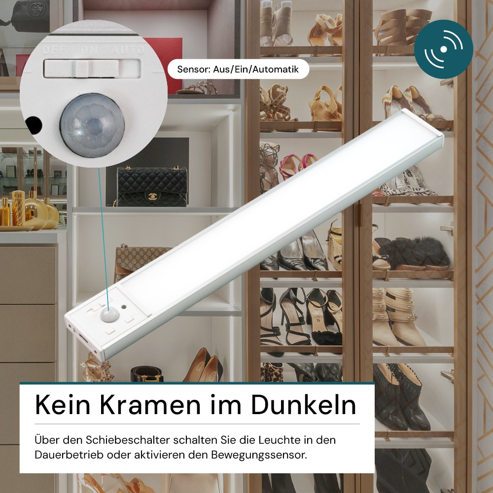 LUXULA LED-Schrankleuchte mit Bewegungsmelder, 2,96W, 850lm, CCT, IP20, silber, 30cm