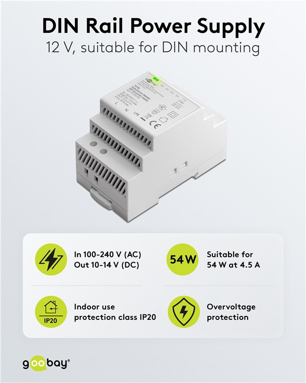 GOOBAY Hutschienen-Netzteil 74766, 12 V, 4,5 A, 54 W GOOBAY Hutschienen-Netzteil 74766, 12 V, 4,5 A, 54 W