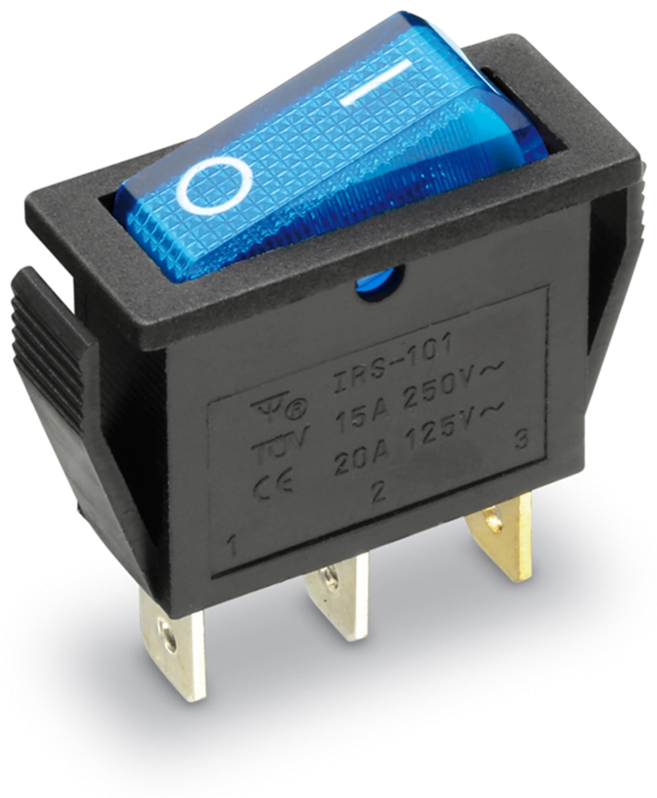 Wippenschalter 1-pol., I-0, blau beleuchtet, 27x10,5 mm