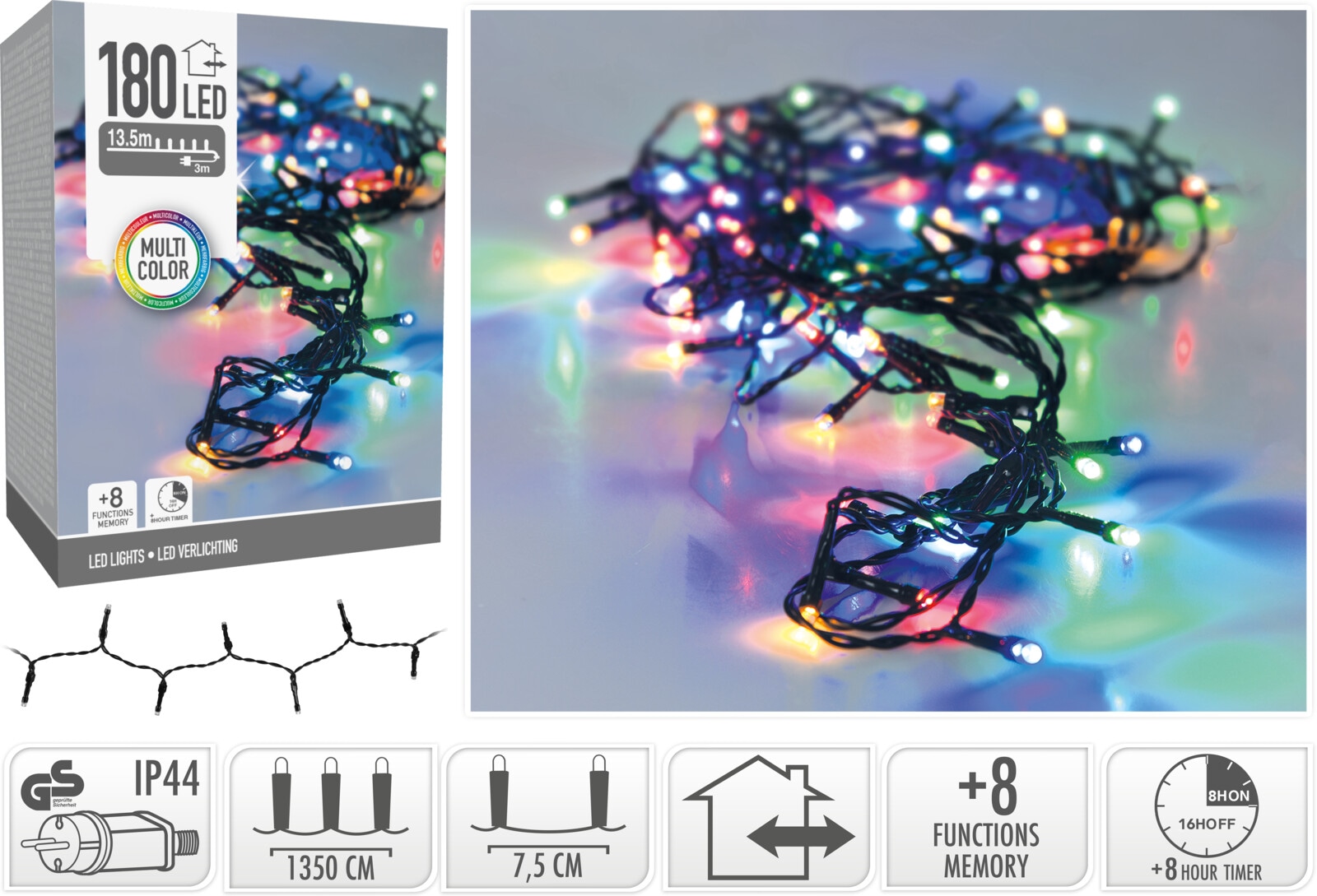 KOOPMAN LED-Lichterkette bunt, 180 LEDs, Grünes Kabel, Innen/Außen, 16,5m, 8 Funk.