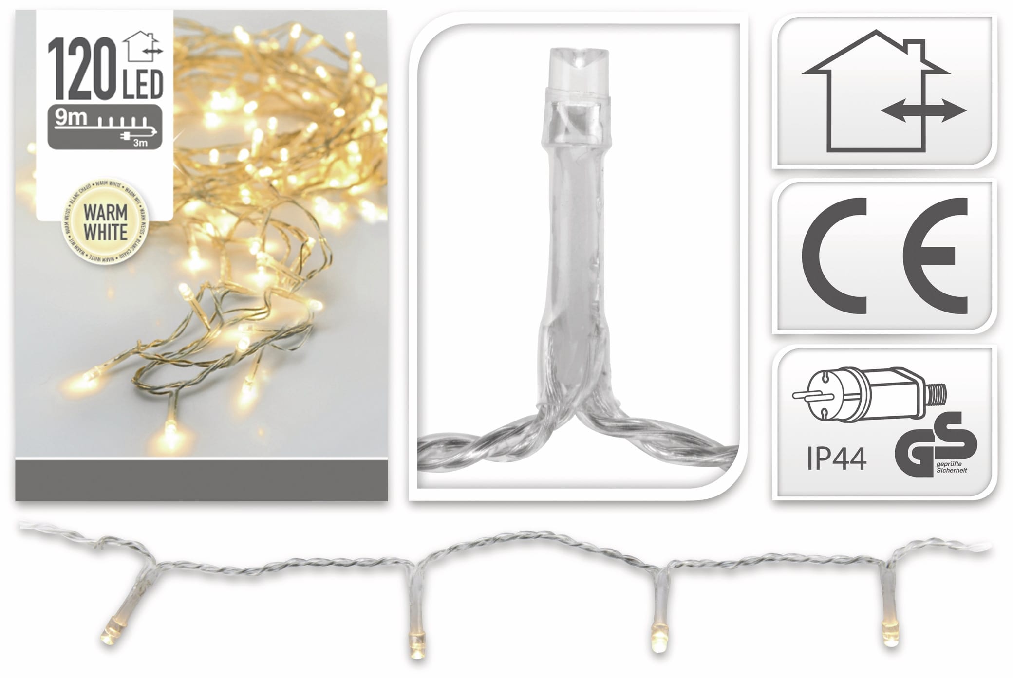 LED-Lichterkette, 120 LEDs, warmweiß, 230V~, IP44, Innen/Außen, silber/transparent LED-Lichterkette, 120 LEDs, warmweiß, 230V~, IP44, Innen/Außen, silber/transparent