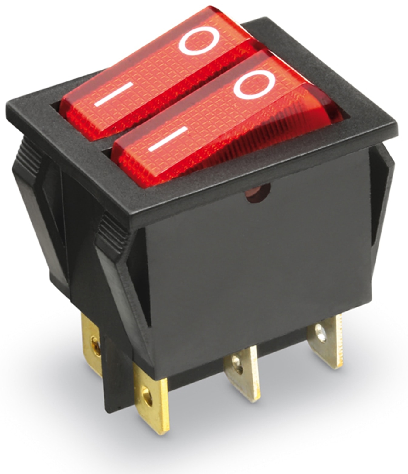 Wippenschalter 2x 1-pol., I-0, rot beleuchtet, 26x22 mm