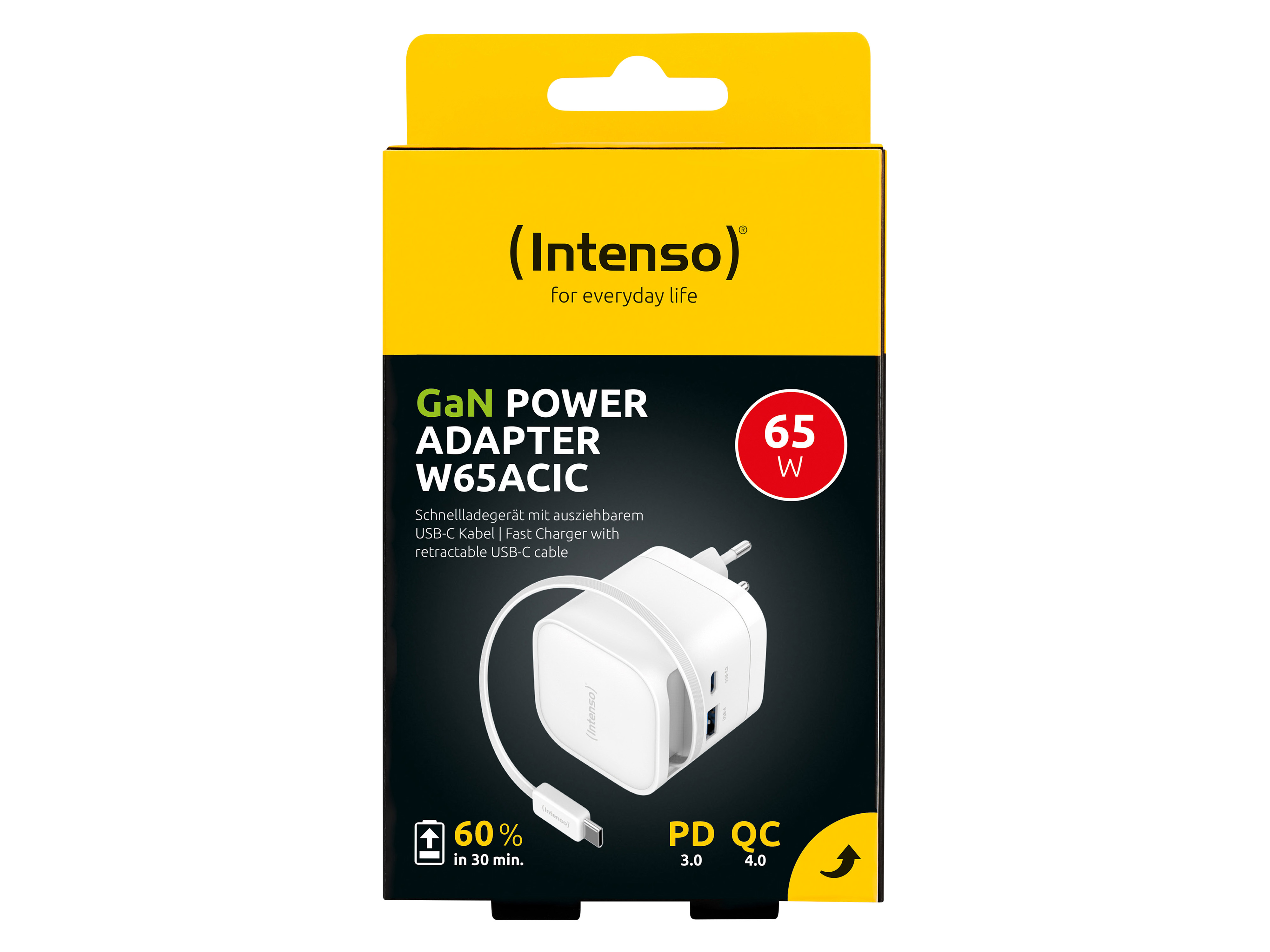 INTENSO Schnellladegerät, 65 W, ausziehbares USB-C Kabel, EU-Stecker, weiß INTENSO Schnellladegerät 7806520, 65 W, weiß