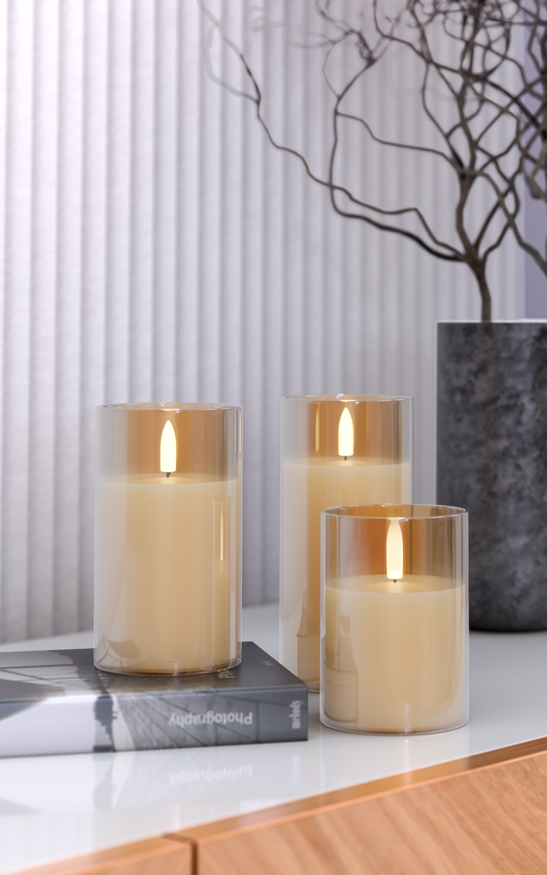 GOOBAY LED-Echtwachskerzen, Glas, Timerfunktion, 3 Stück, warmweiß, grau