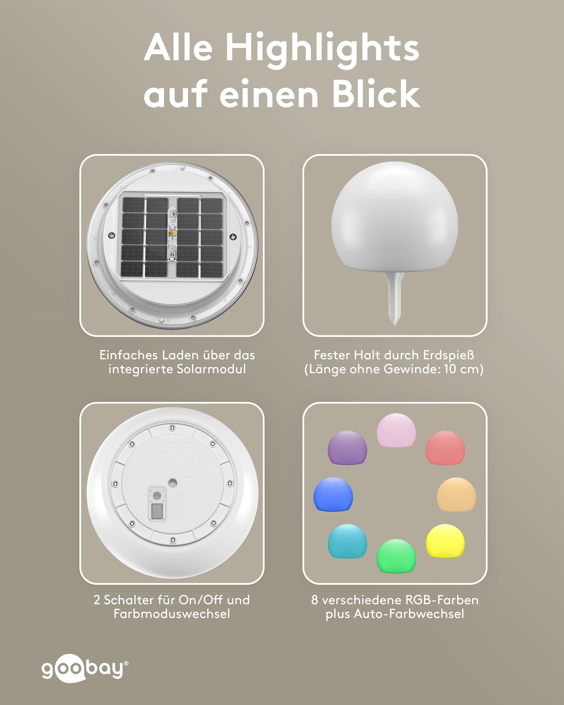 GOOBAY LED-Solar-Dekoleuchten, 20 cm, Kugel, Größe M, RGBW, 2 Stück