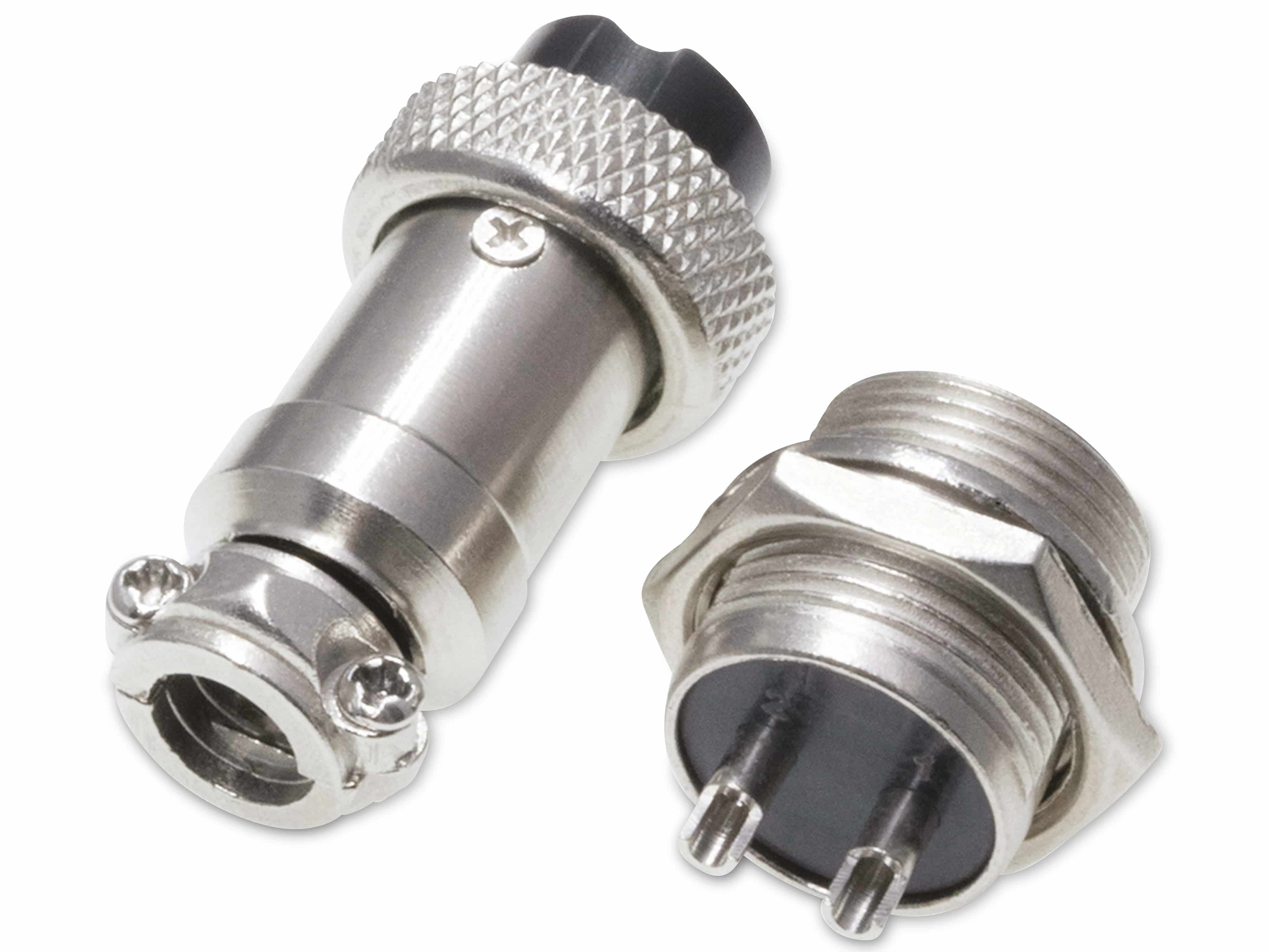 Rundsteckverbinder, 2-polig, 250V, 7A, Lötanschluss, IP55, wire to panel, 1 Stecker + 1 Buchse Rundsteckverbinder, 2-polig, 250V, 7A, Lötanschluss, IP55, wire to panel, 1 Stecker + 1 Buchse