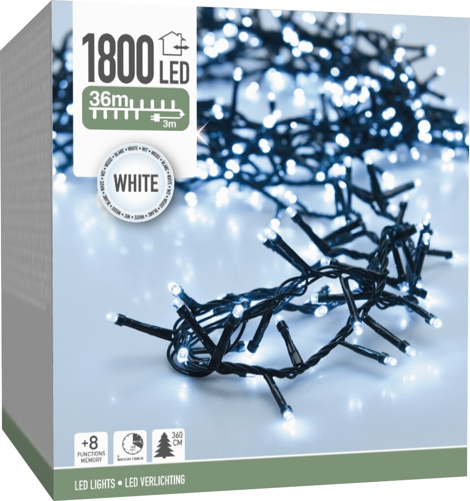 LED-Clusterlichterkette kaltweiß, 1800 LEDs, grünes Kabel, Innen/Außen, 39m KOOPMAN LED-Clusterlichterkette kaltweiß, 1800 LEDs, grünes Kabel, Innen/Außen, 39m