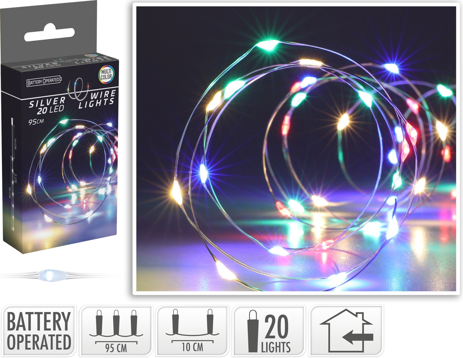 LED-Lichterkette Silberdraht 20 LEDs, bunt, Batteriebetrieb