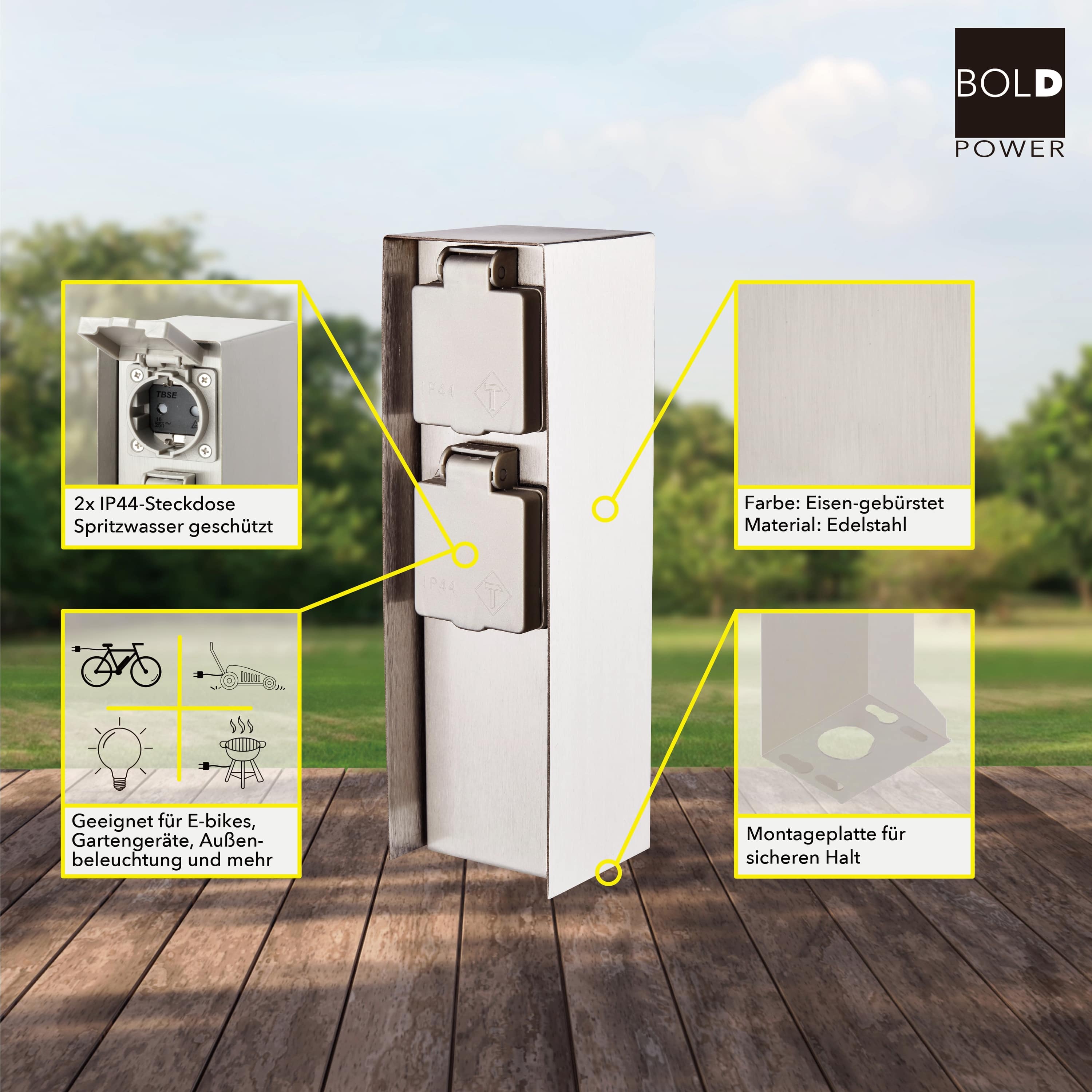 BOLD POWER Steckdosensäule Orio 10043, 2-fach, IP44, Eisen gebürstet