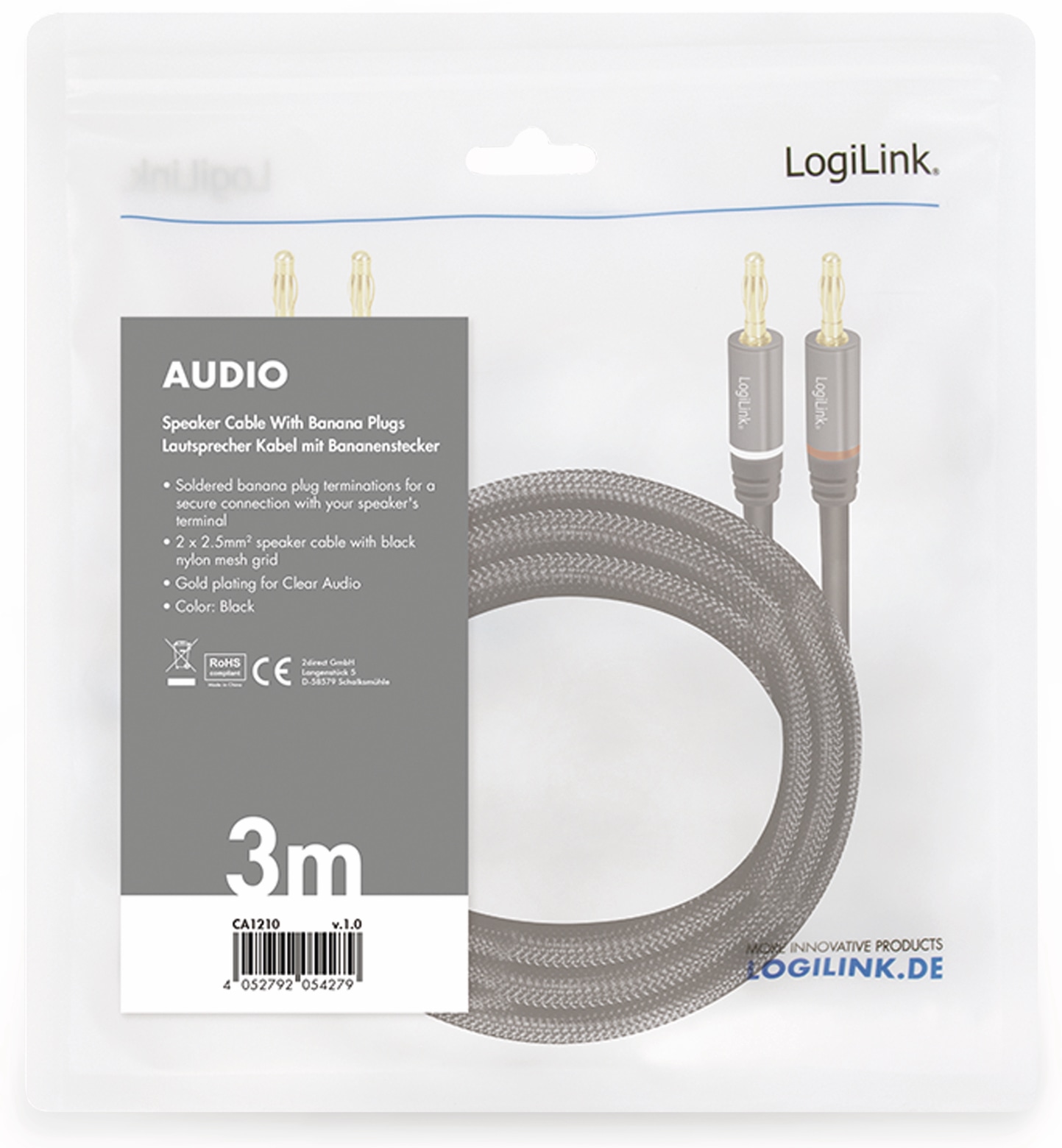 LOGILINK Lautsprecherkabel CA1211, 5 m, 2x2x Bananenstecker, Nylon, schwarz