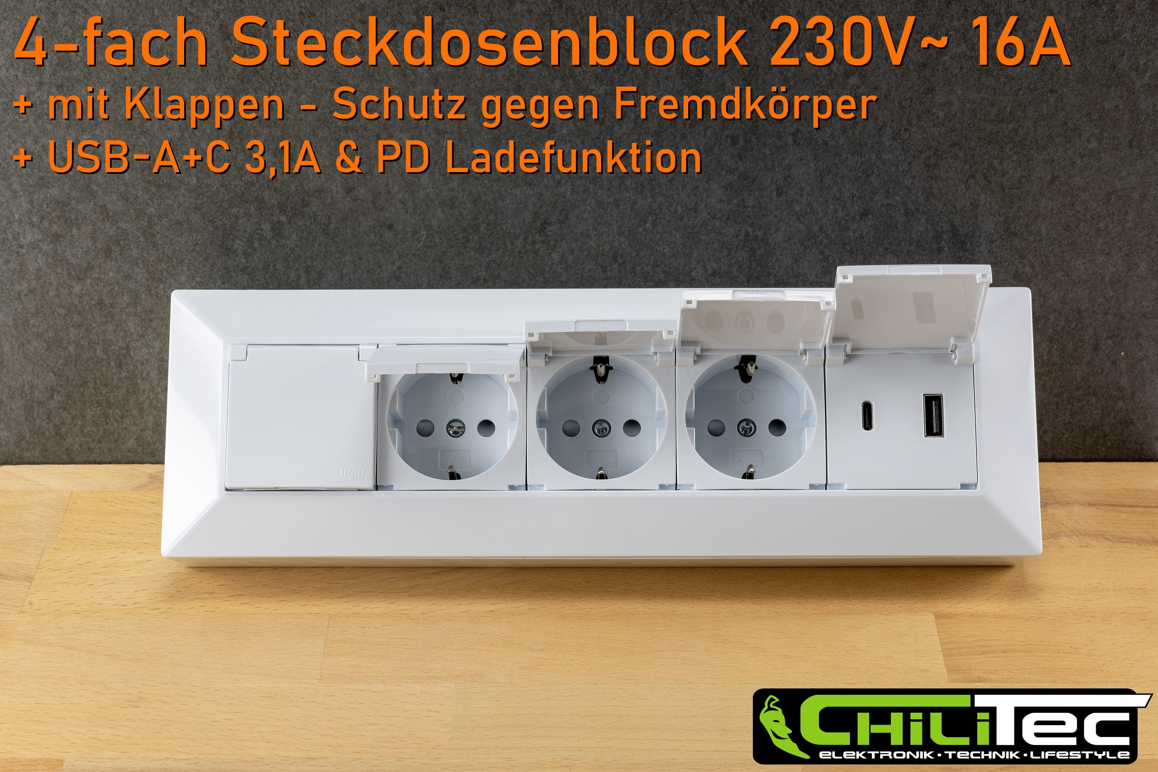 CHILITEC Steckdosenblock 23960, 4-fach, mit Schutzklappen, USB-A+C, weiß