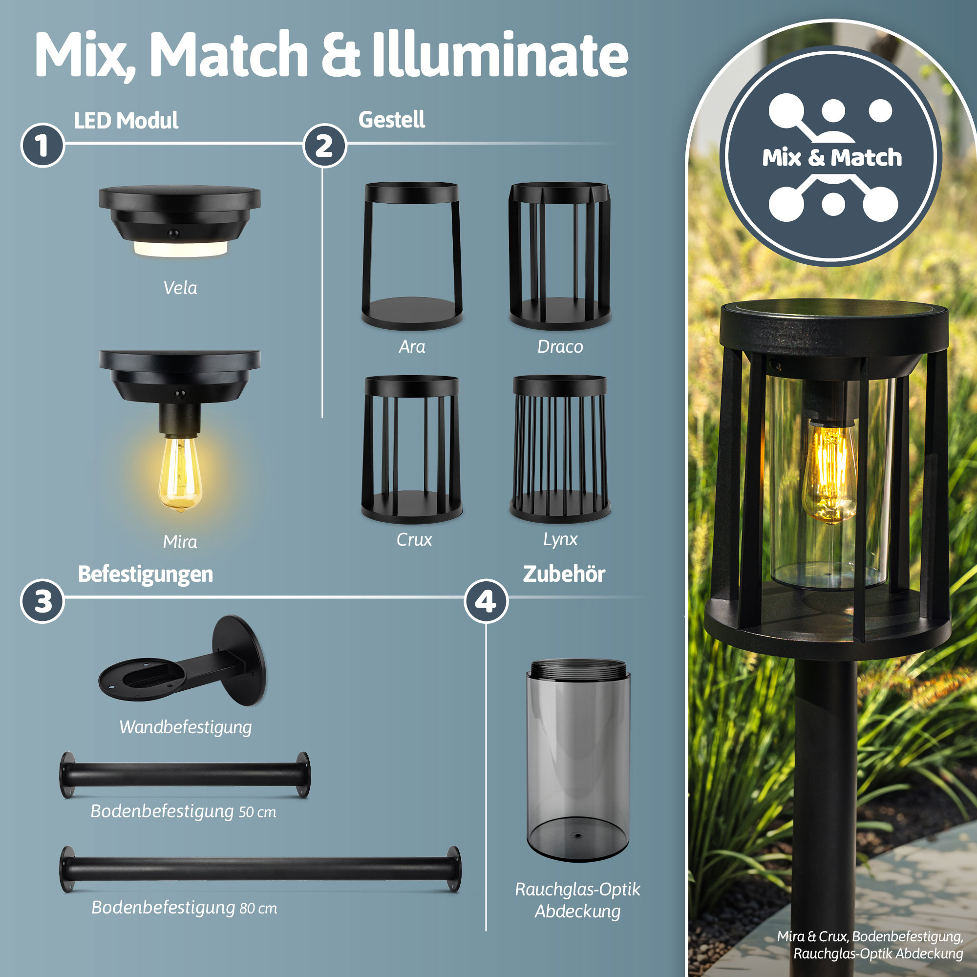 BRENDZ Solar LED-Tischleuchte, Vela & Draco, 100/500/1000 lm, 3000 K, IP65