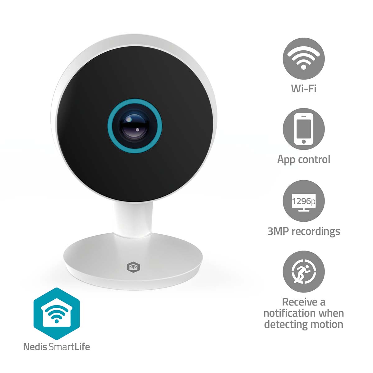 NEDIS SmartLife Indoor Kamera WIFICI08CWT, 3MP Full HD 1296p, Nachtsicht, Bewegungsmelder, weiß