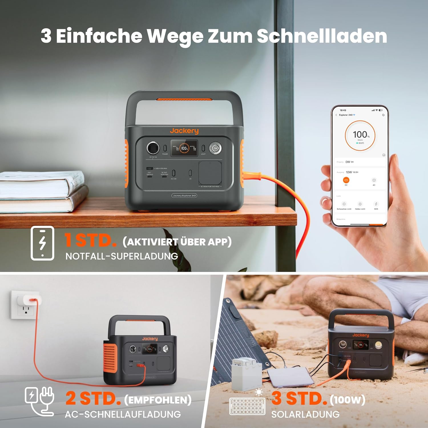 JACKERY Powerstation Explorer 240 V2, LiFePO4, 256 Wh, 300 W, 5-Port, USB-C PD 100 W, faltbarer Tragegriff
