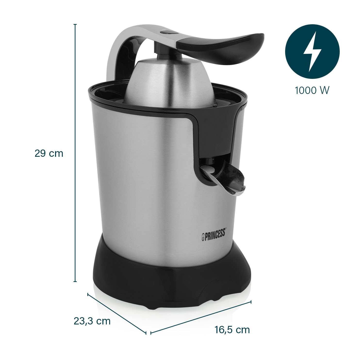 PRINCESS Edelstahl-Zitrusfruchtpresse, 2 Presskegel, mit Filter, 100 W PRINCESS Edelstahl-Zitrusfruchtpresse, 2 Presskegel, mit Filter, 100 W