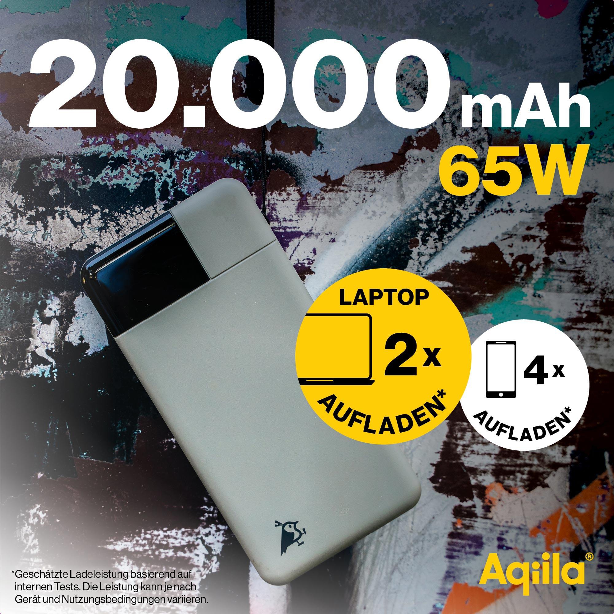 AQIILA Powerbank Powerbird B20+, 65 W, 20.000mAh, 1x USB-A, 2x USB-C, moosgrün AQIILA Powerbank Powerbird B20+, 65 W, 20.000mAh, 1x USB-A, 2x USB-C, moosgrün