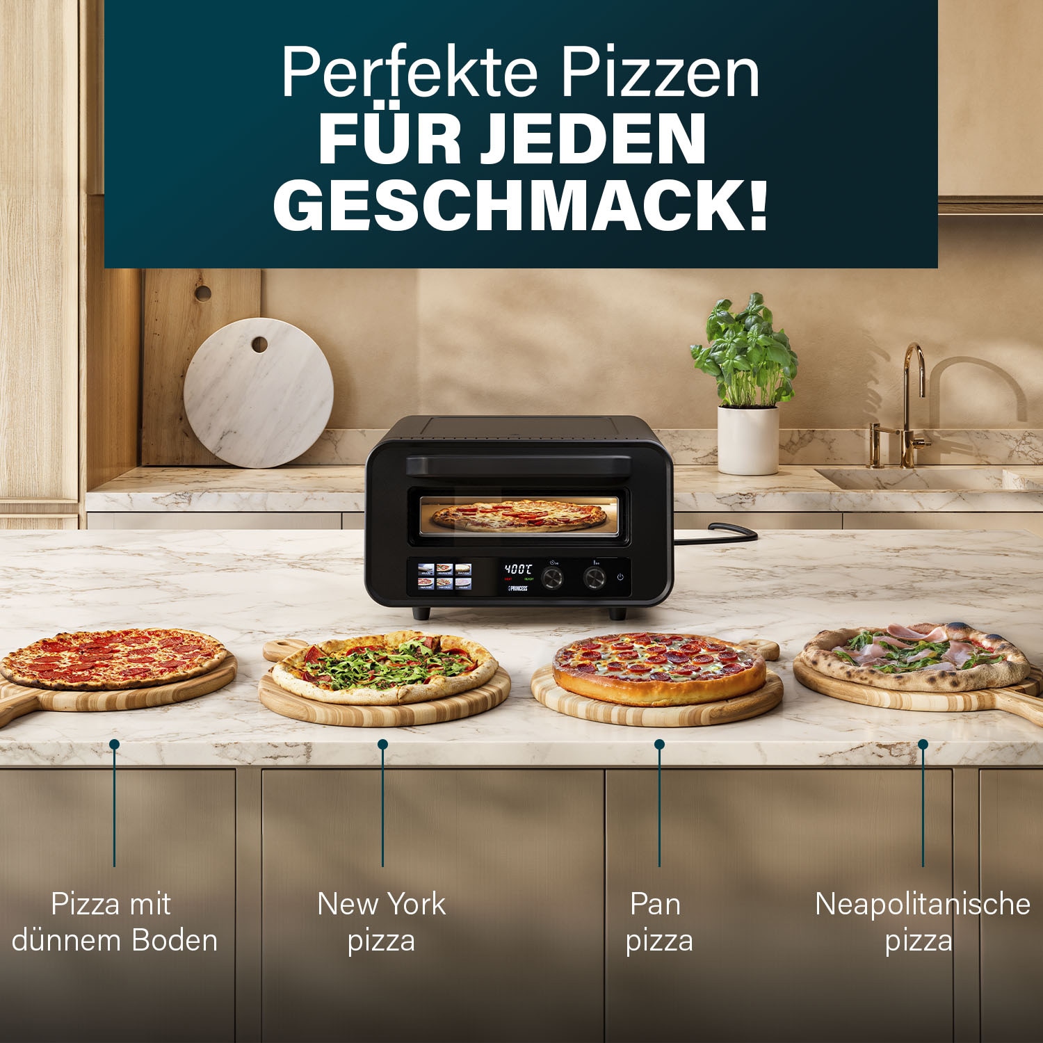 PRINCESS Pizzaofen Pro Max, 15L, 400°C, mit Pizzastein & Schaufel, 2100W