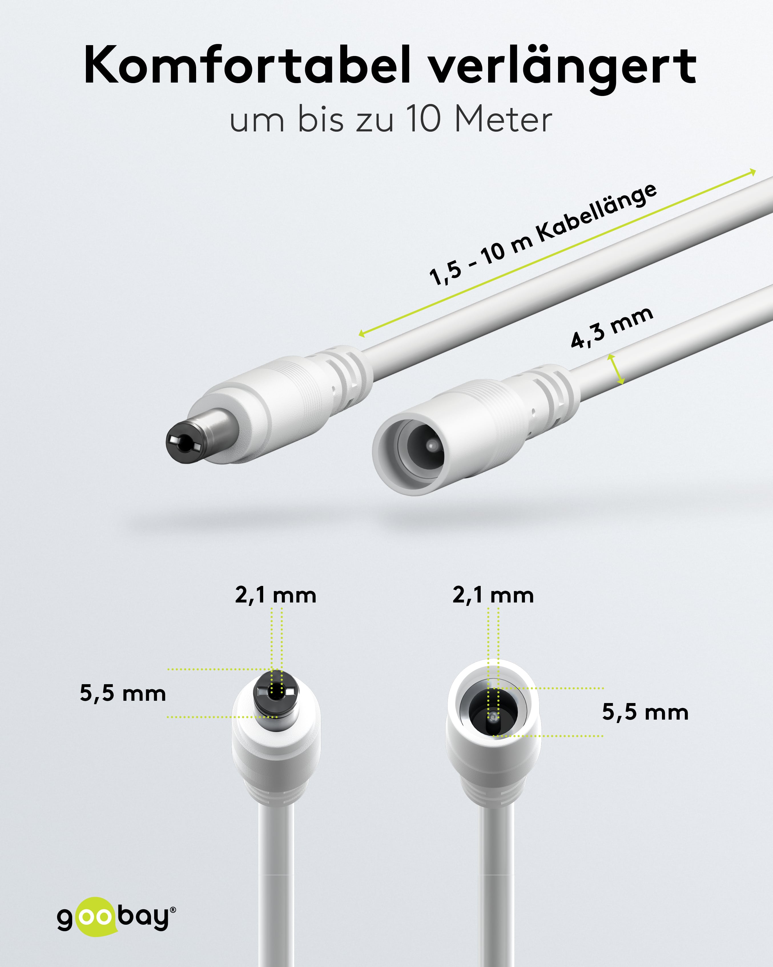 GOOBAY DC-Adapterkabel 2,1 mm, DC-Stecker auf DC-Kupplung, weiß, 3 m GOOBAY DC-Adapterkabel 2,1 mm, DC-Stecker auf DC-Kupplung, weiß, 3 m