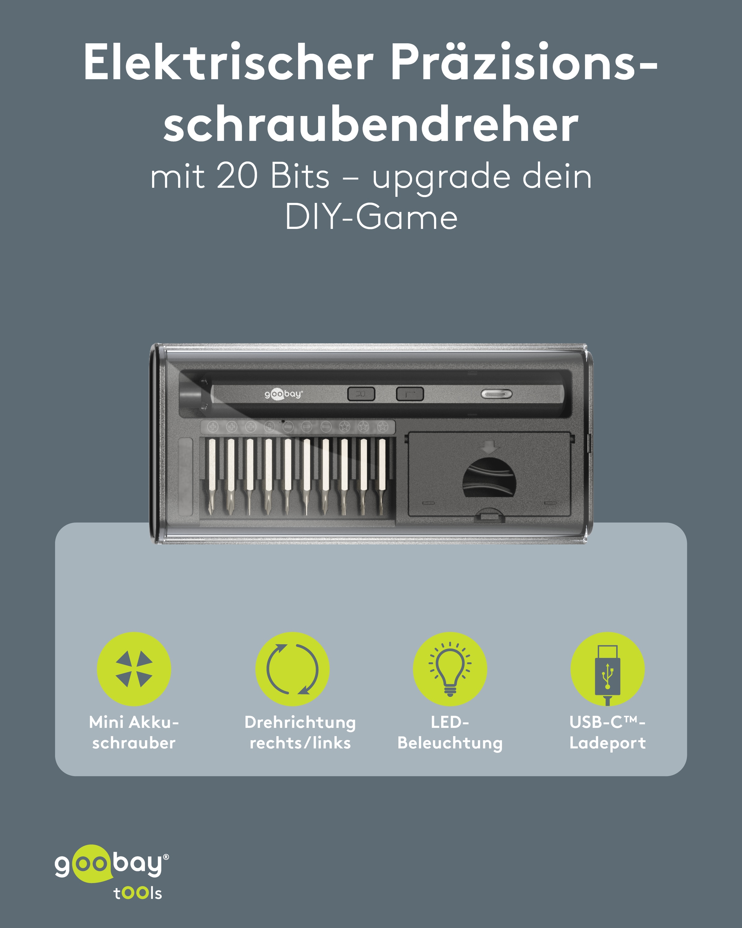 GOOBAY TOOLS Elektrischer Schraubendreher, 77838, mit 20-tlg. Präzisions-Bitsatz