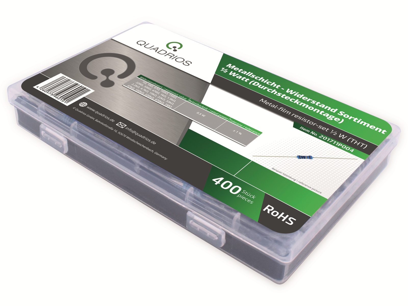 QUADRIOS Widerstands-Set 201711P004, Metallschicht, 0,5 Watt, ± 1% QUADRIOS Widerstands-Set, 201711P004, Metallschicht, 0,5 Watt, ± 1%