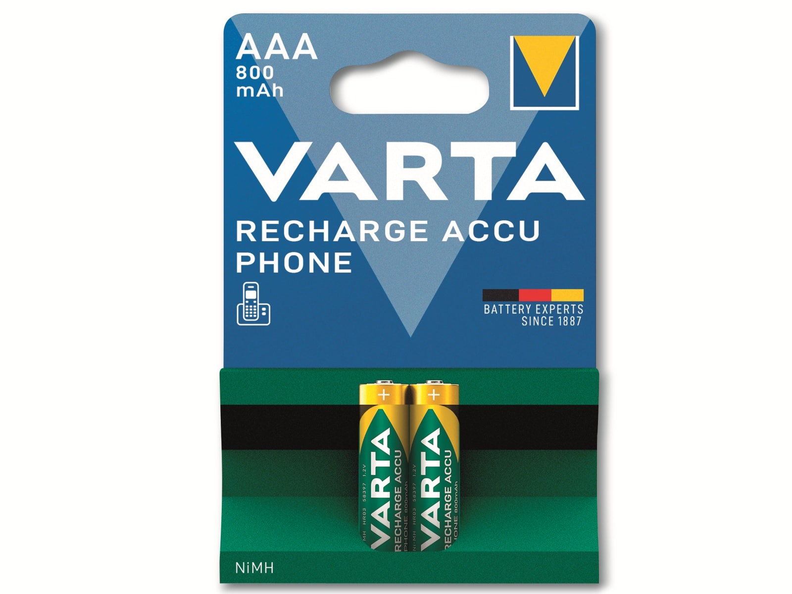 VARTA Akku NiMH, Micro, AAA, HR03, 1.2V/800mAh, Accu Phone, 2er Pack