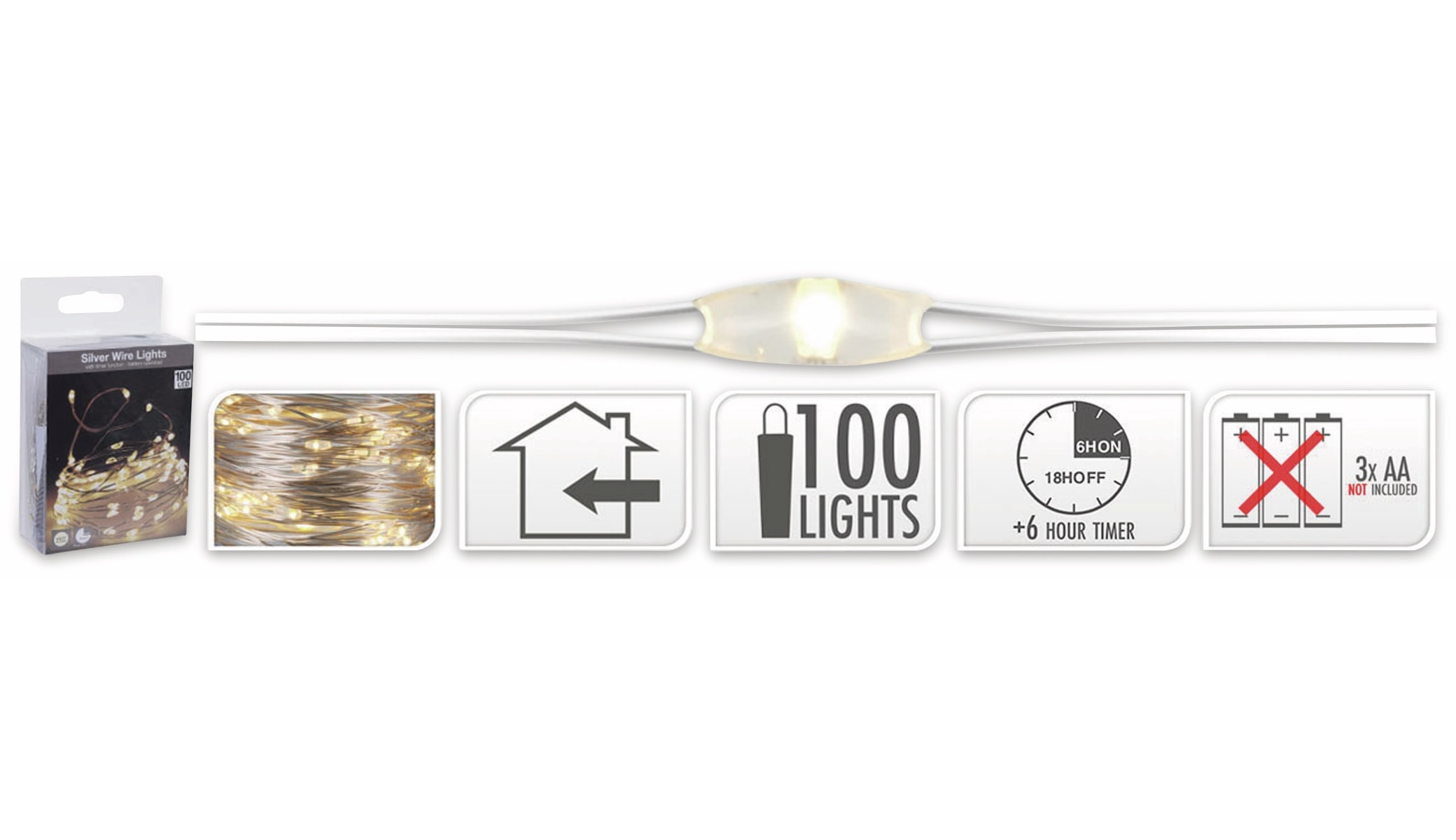 LED-Lichterkette, Silberdraht, 100 LEDs, warmweiß, Batteriebetrieb, Timer