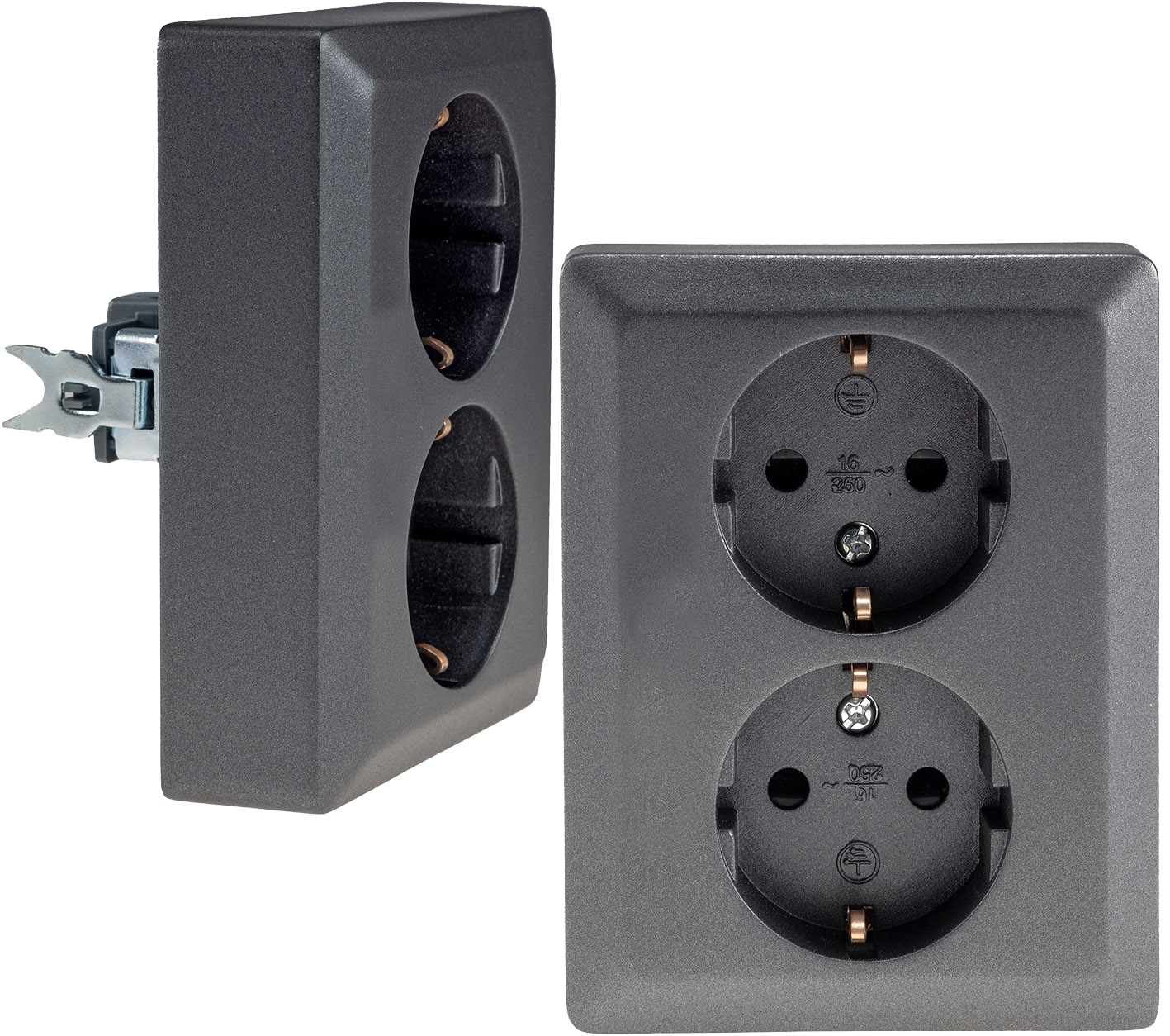 MILOS Schutzkontakt-Steckdose 23718, 2-fach, 2in1, 16A/250V, UP, anthrazit MILOS Schutzkontakt-Steckdose 23718, 2-fach, 2in1, 16A/250V, UP, anthrazit