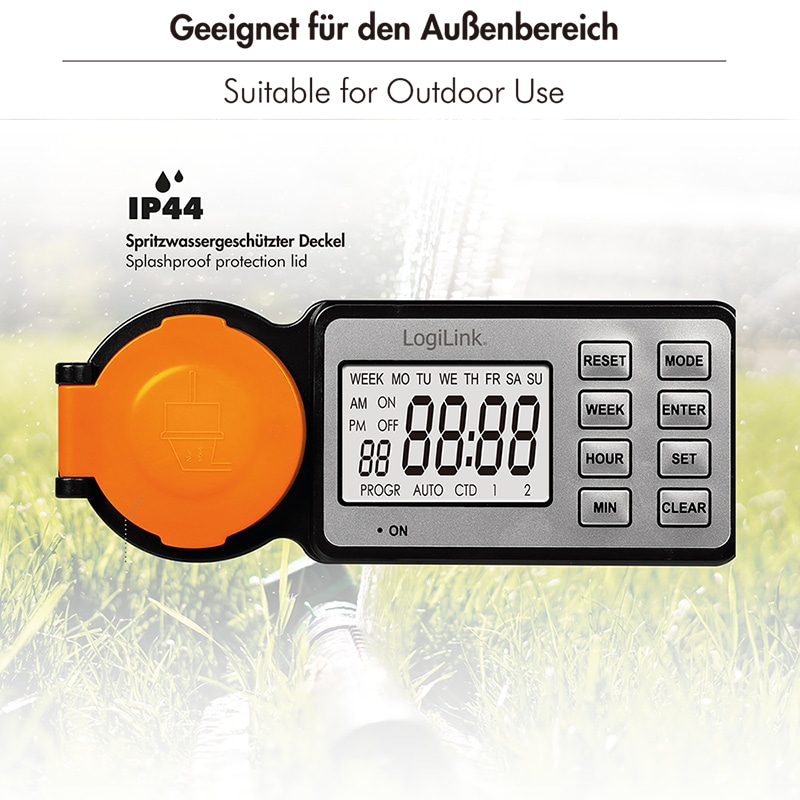LOGILINK Outdoor-Zeitschaltuhr mit 2,2"-LCD-Display, CEE 7/3, IP44, 3600 W, schwarz/orange