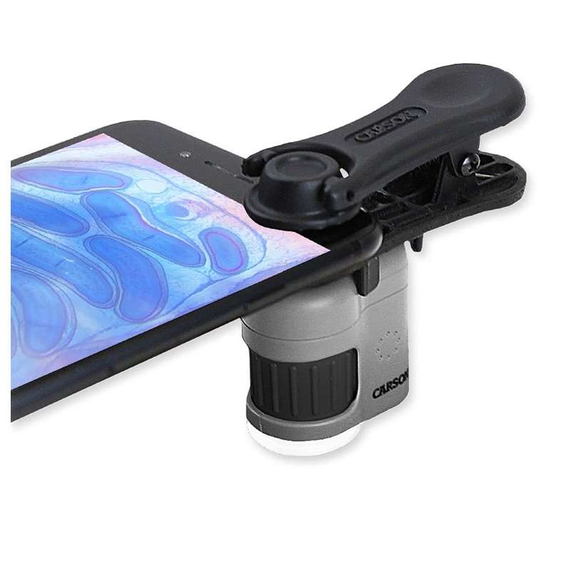 CARSON Taschenmikroskop MM-380 MicroMini, 20x Vergrößerung, LED- und UV-Beleuchtung, Smartphone-Adapter