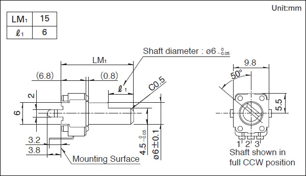 ALPS Kohleschicht-Poti. RK09K/D, stehend, 10k lin.