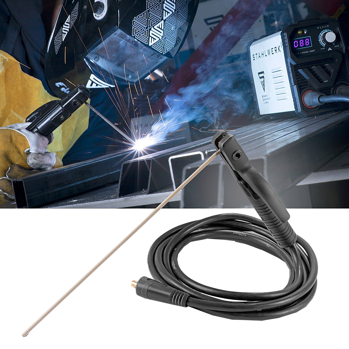 STAHLWERK MMA | ARC Elektrodenhalter bis 200 A, 4561, 5 m Schweißkabel mit 25 mm² und 9 mm Stecker STAHLWERK MMA | ARC Elektrodenhalter bis 200 A, 4561, 5 m Schweißkabel mit 25 mm² und 9 mm Stecker
