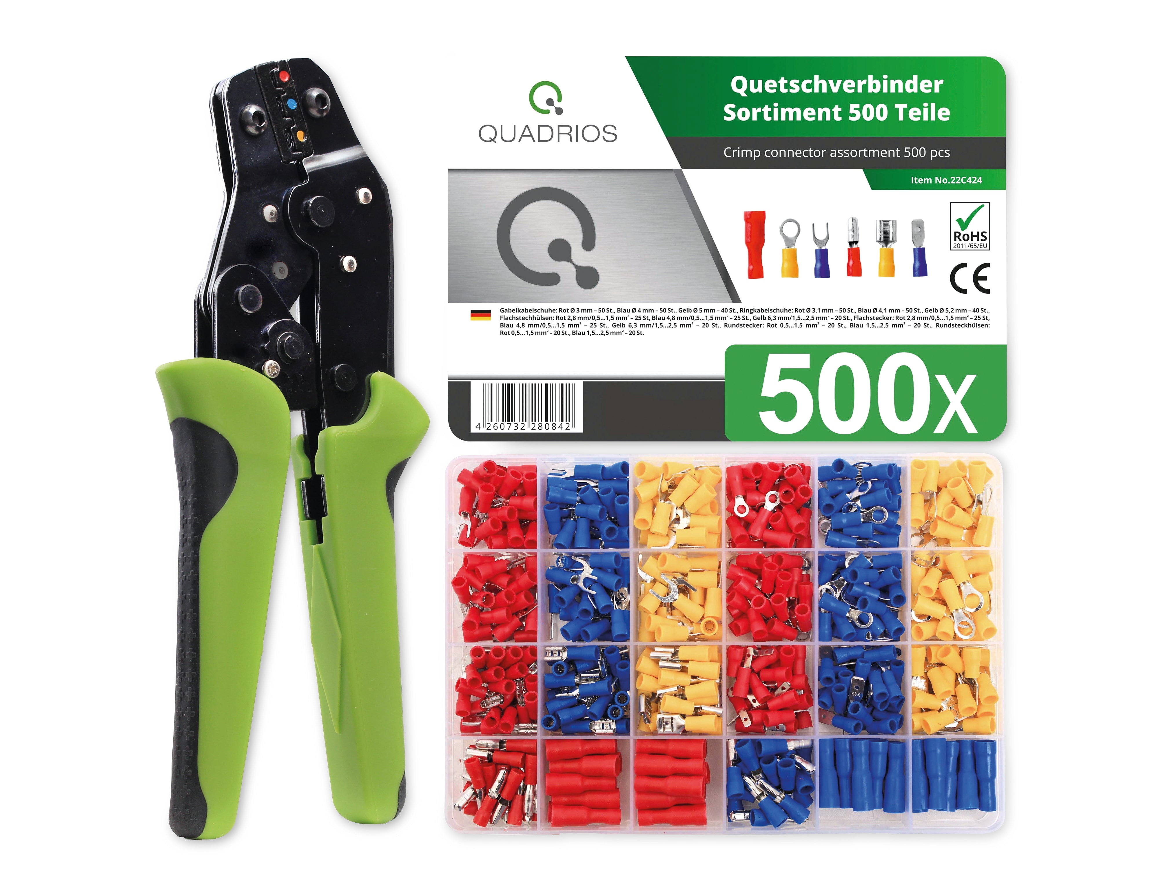 QUADRIOS Multifunktions-Crimpzange, isolierte Kabelschuhe mit Quetschverbinder-Set, 500 Stück QUADRIOS Multifunktions-Crimpzange für isolierte Kabelschuhe mit Quetschverbinder-Set