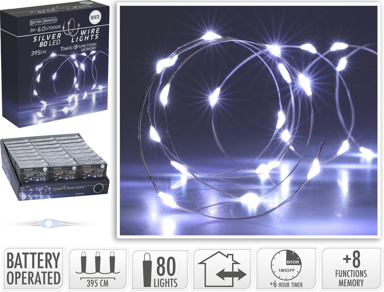 KOOPMAN LED-Lichterkette kaltweiß, Batteriebetrieben, 80 LEDs, Silberdraht, Innen/Außen, 3,95m