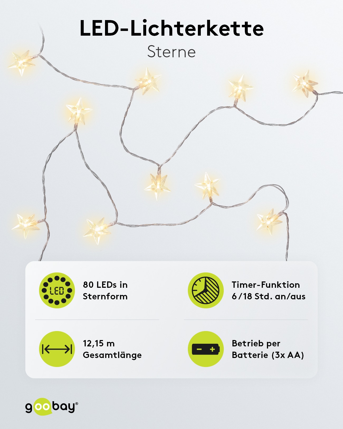 LED-Lichterkette GOOBAY "Sterne", 80 LEDs, Silberdraht, 2 Leucht Modi, Innen/Außen, 12,15 m