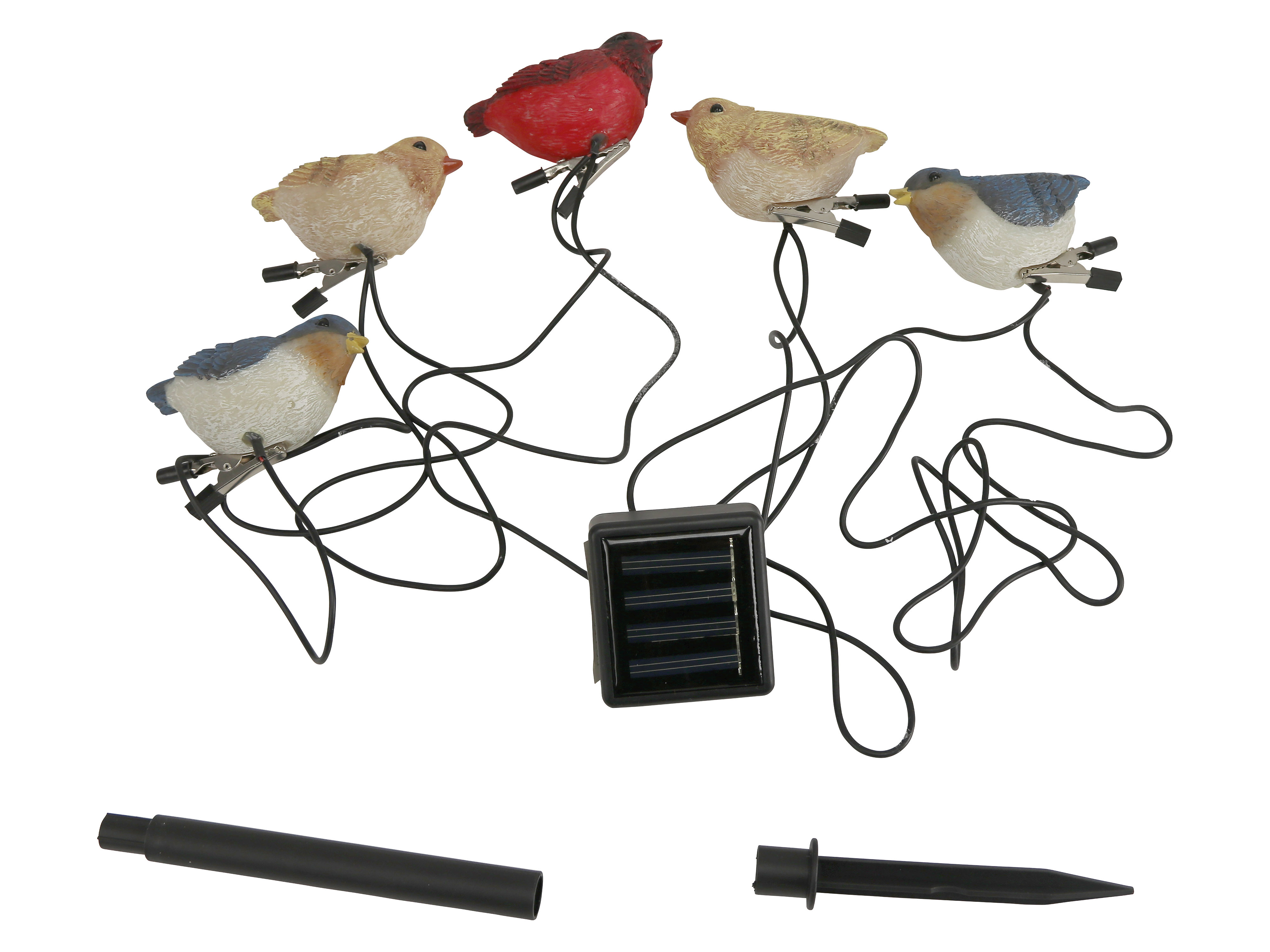 Solar-LED-Dekobeleuchtung, 5 LED-Vögel mit Klemme