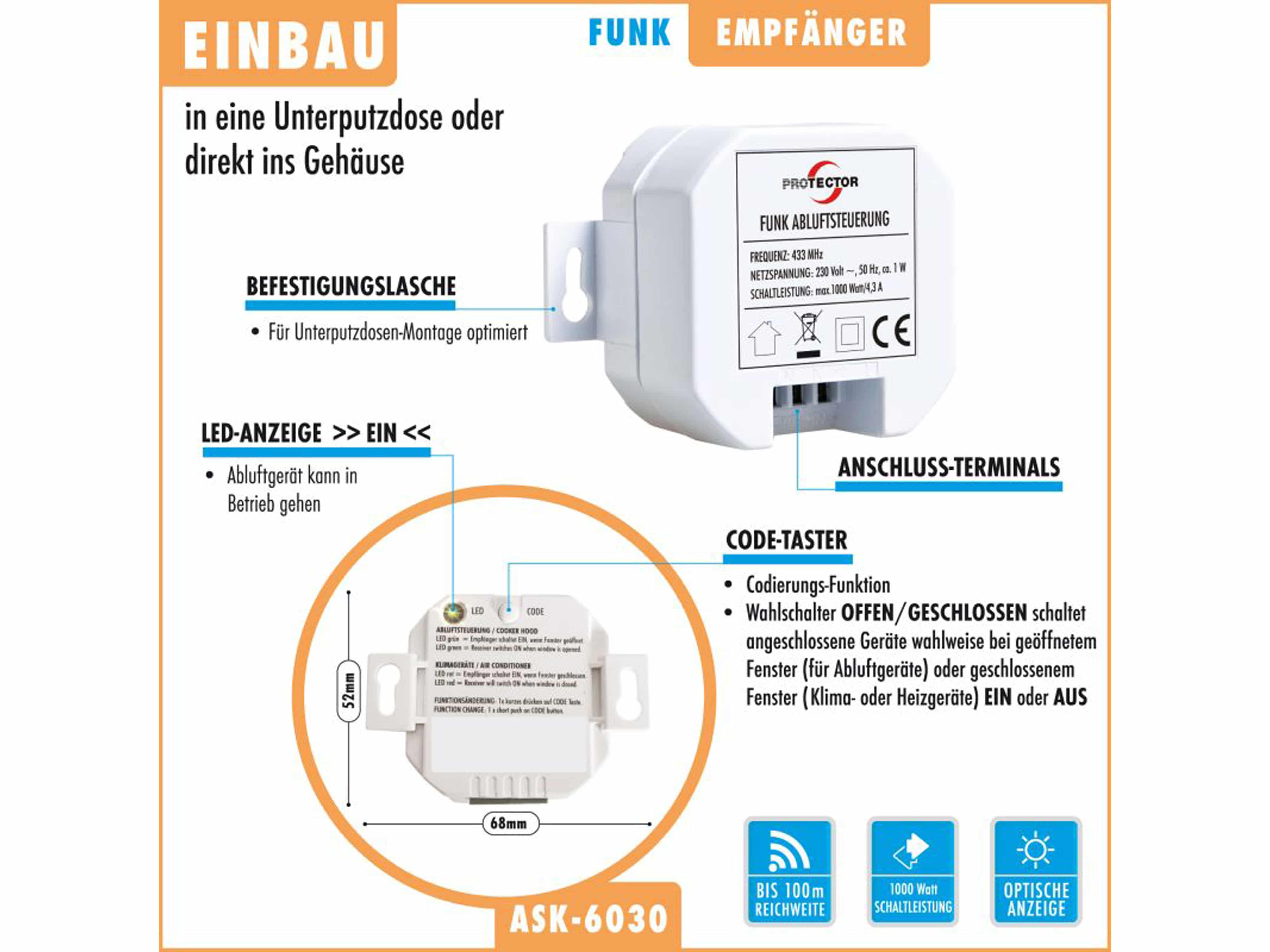 PROTECTOR Thermo-Funk-Abluftsteuerung ASK 6030, mit Kinetik Fenster-Sender, Einbauvariante