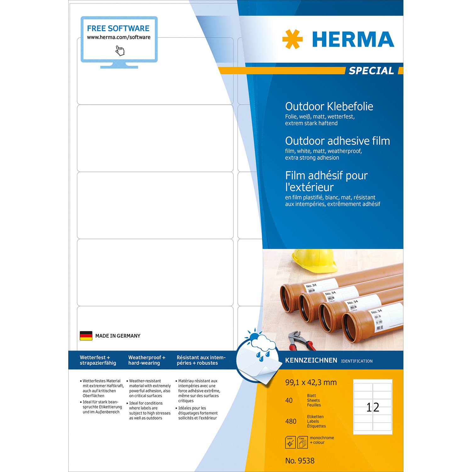 HERMA Etiketten A4, Outdoor, Klebefolie, weiß, 99,1x42,3mm,  480 Stück