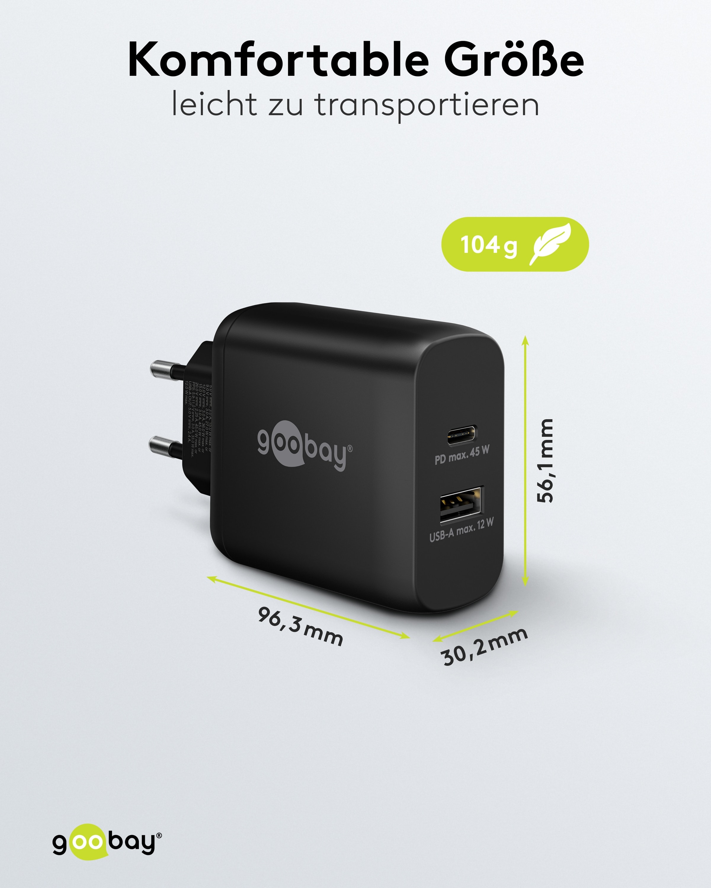 GOOBAY USB-Lader 65411, 45 W, 2-fach, 1xC PD, 1xA GaN, schwarz GOOBAY USB-Lader 65411, 45 W, 2-fach, 1xC PD, 1xA GaN, schwarz